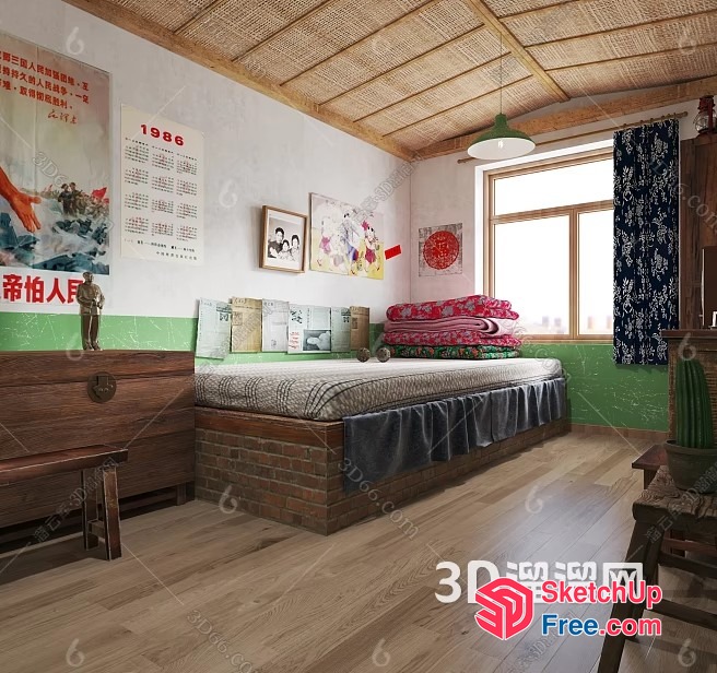 Cozy Bedroom With Vintage Decor And Natural Wood Accents 3D SketchUp File