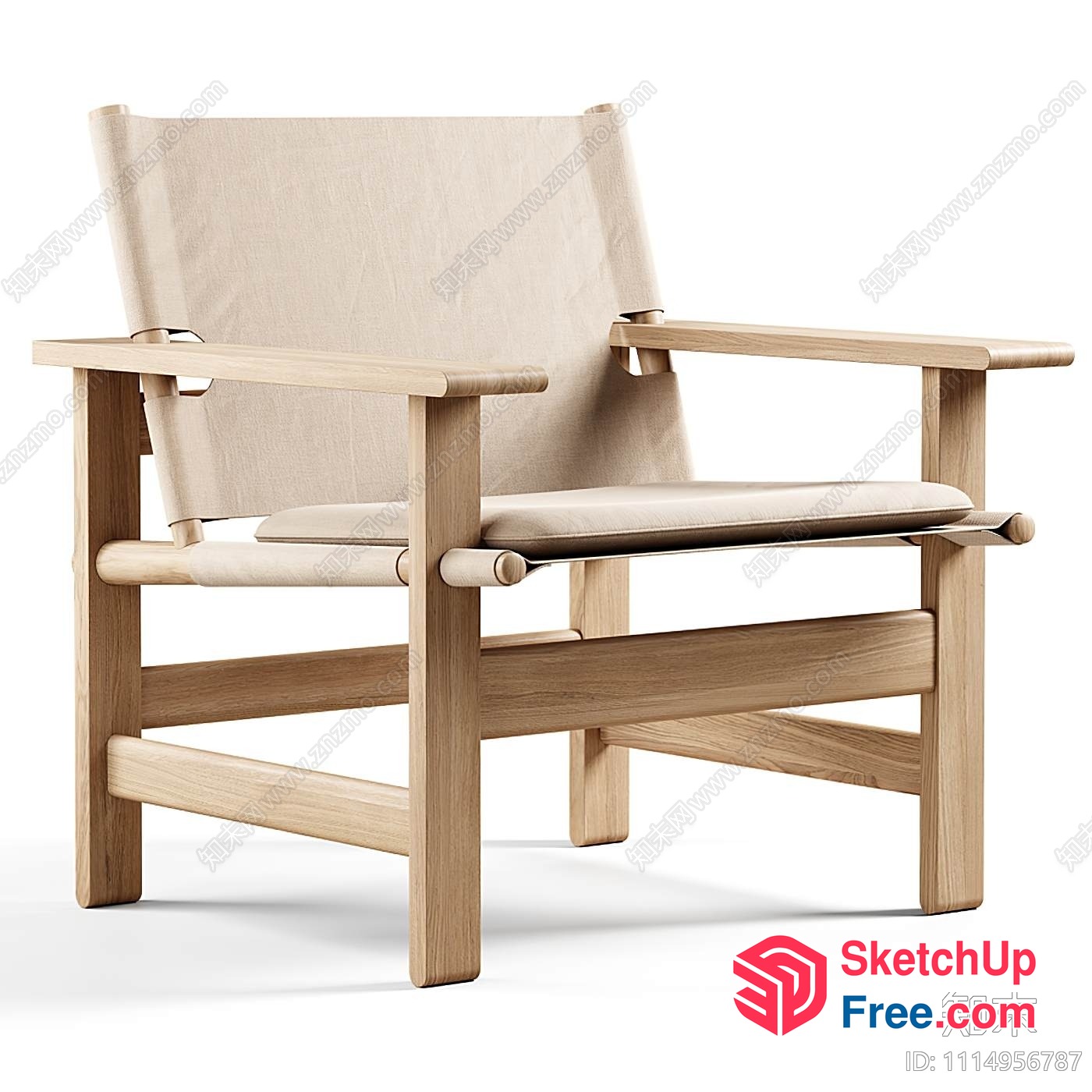 Elegant Minimalist Wood And Canvas Armchair 3D SketchUp File
