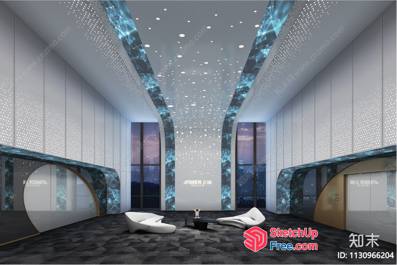 Modern Space With Futuristic Ceiling And Pillars 3D SketchUp File