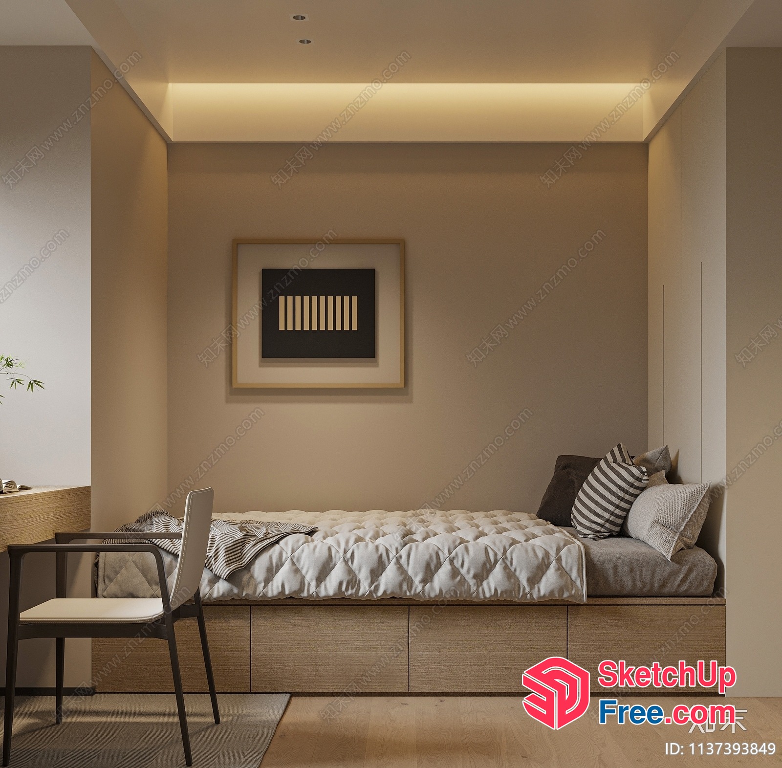 Minimalist Bedroom With Natural Wood Accents 3D SketchUp File