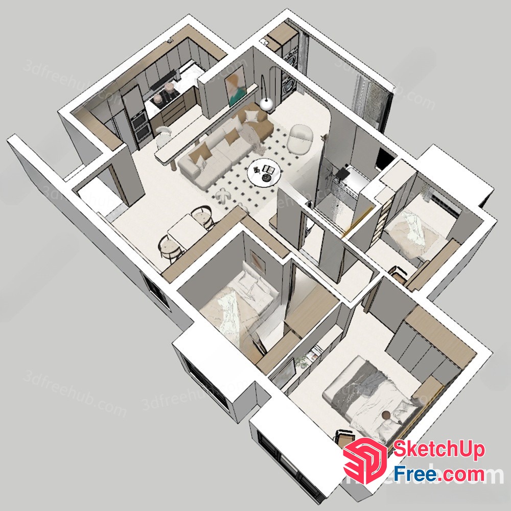Modern Minimalist European Style Apartment Plan 3D SketchUp File