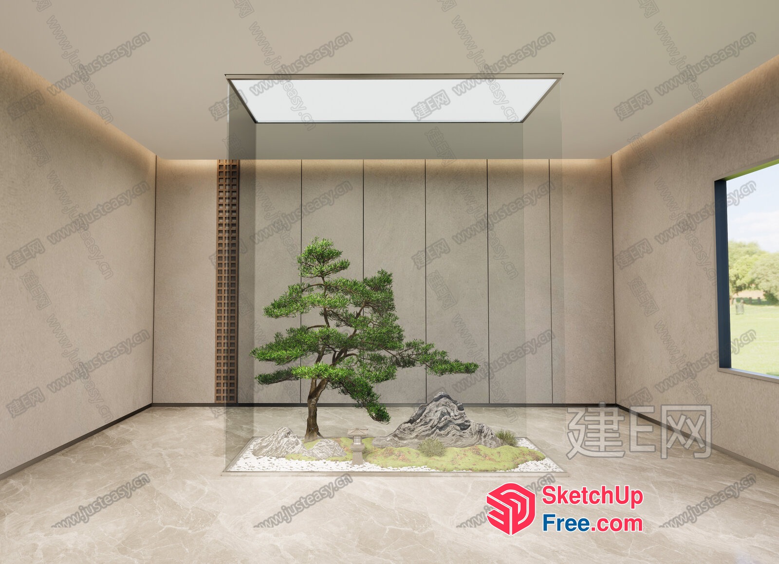 Japanese-Style Minimalist Interior With Tree And Rock Decor 3D SketchUp File
