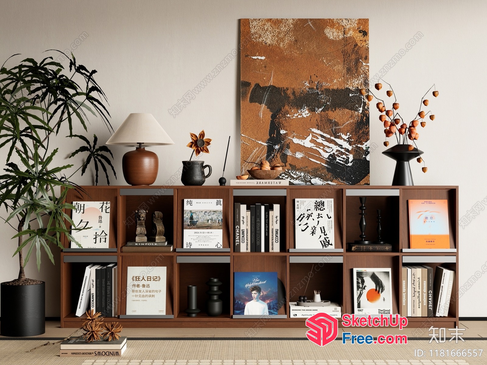 Japanese Style Bookcase With Asian Decor 3D SketchUp File