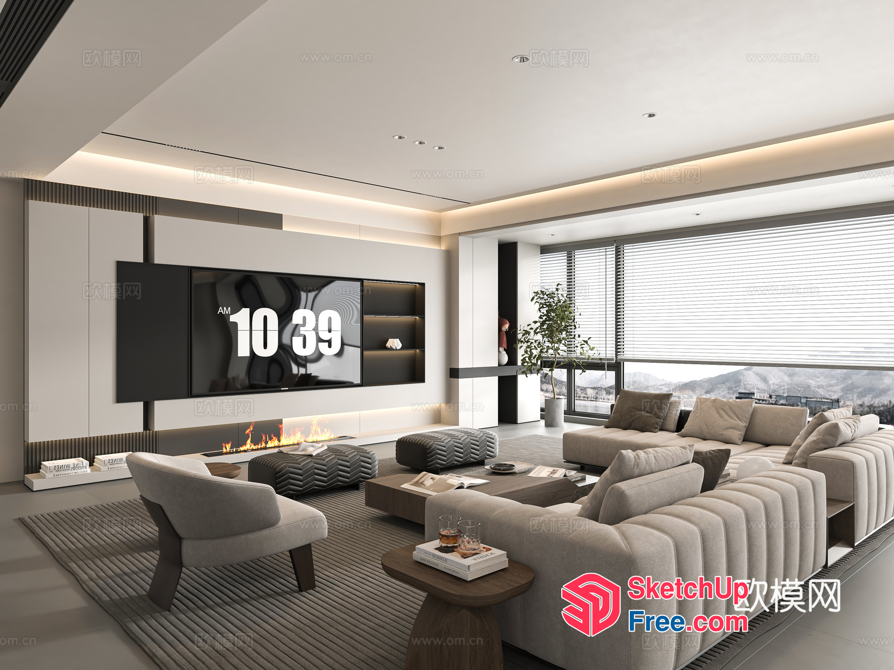 Modern Minimalist Living Room With Fireplace And Tv 3D SketchUp File