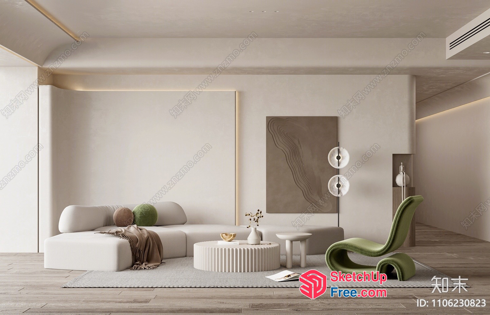 Minimalist Living Room With Green Accent Chair And White Coffee Table 3D SketchUp File