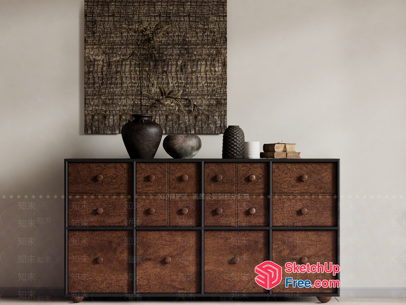 Wooden Dresser With Multiple Drawers And Decorative Items On Top 3D SketchUp File