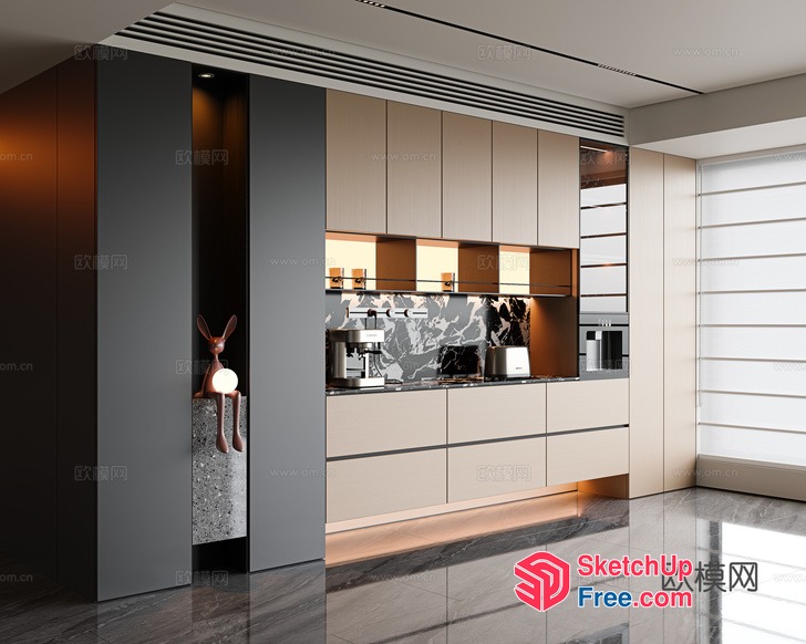 Modern Kitchen With Sleek Cabinets And Marble Backsplash 3D SketchUp File