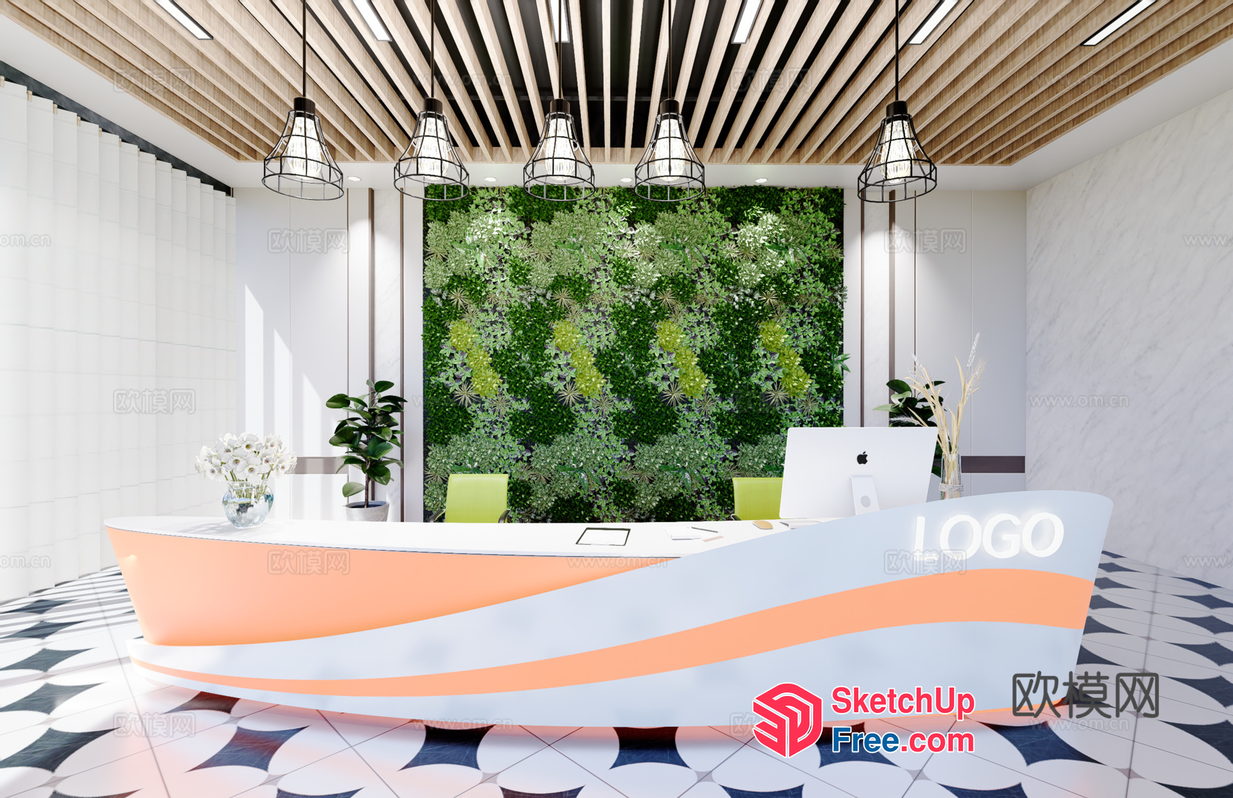 Modern Office Reception Desk With Green Wall 3D SketchUp File