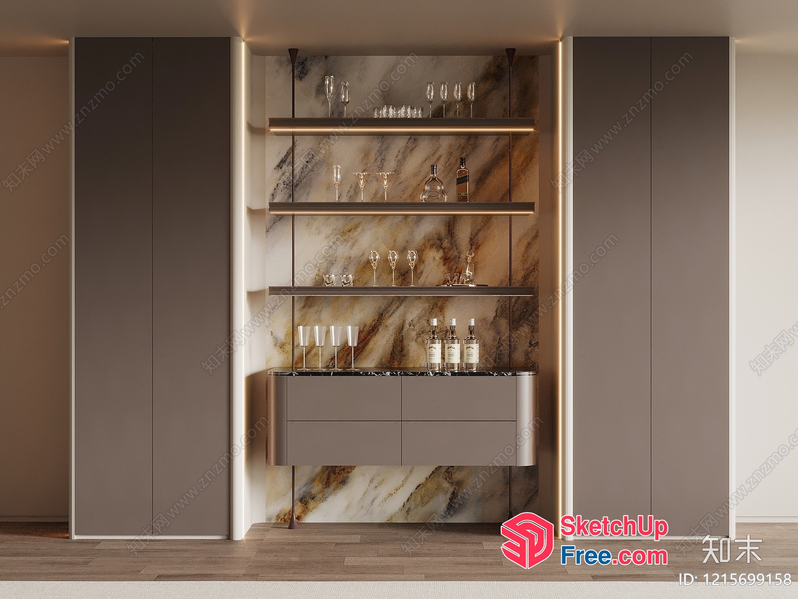 Modern Bar Area With Marble Backsplash And Wine Glass Shelves 3D SketchUp File