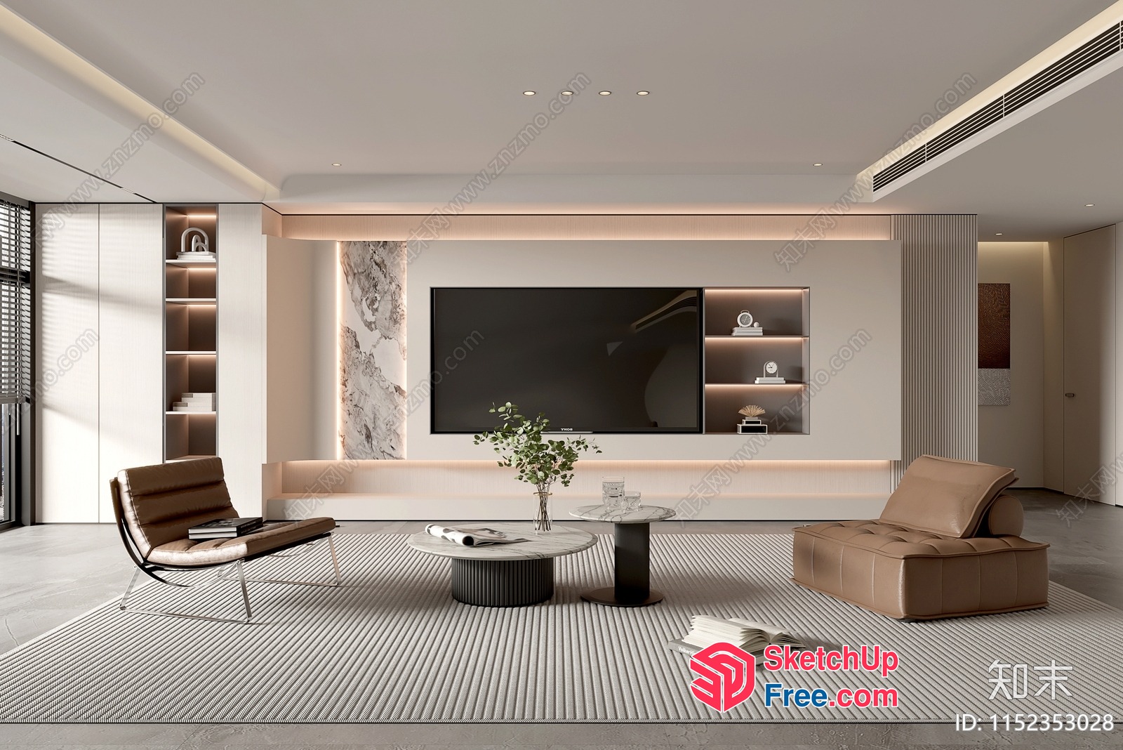 Minimalist Style Living Room With White And Brown Accents 3D SketchUp File