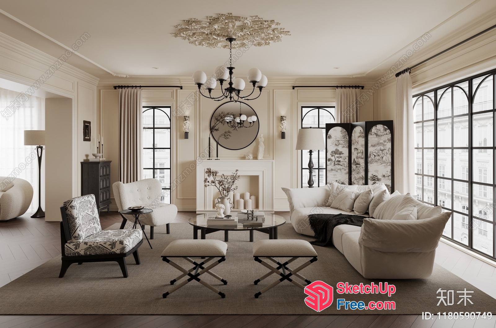 Elegant White Living Room With Fireplace And Large Windows 3D SketchUp File