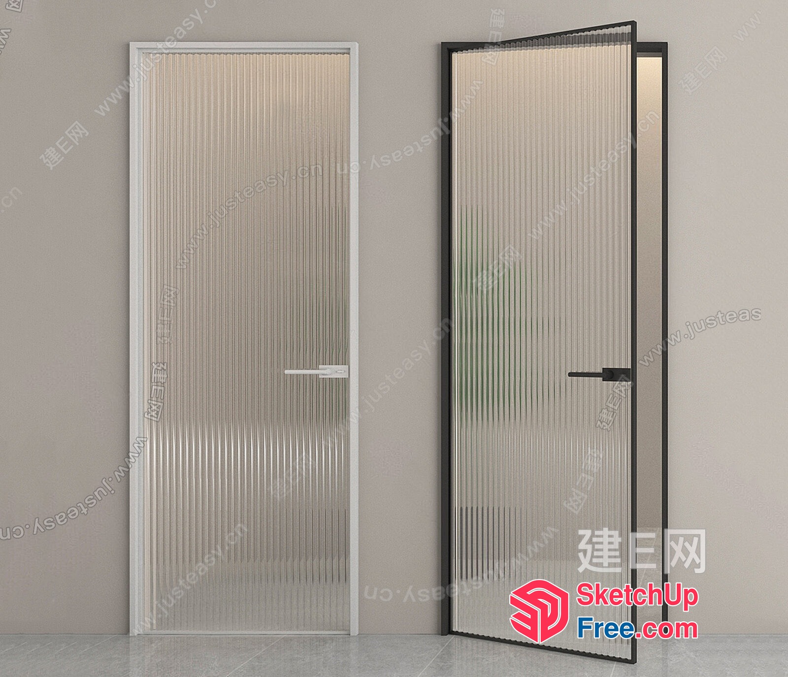 Modern Glass Door With Fluted Glass And Black Frame 3D SketchUp File