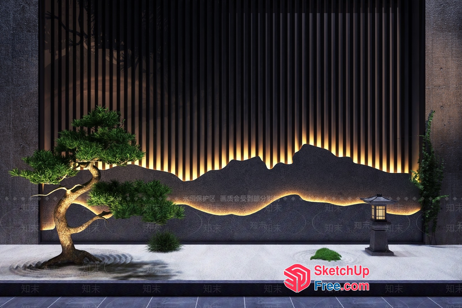 Serene Japanese-Inspired Landscape With Raked Sand And Lanterns 3D SketchUp File
