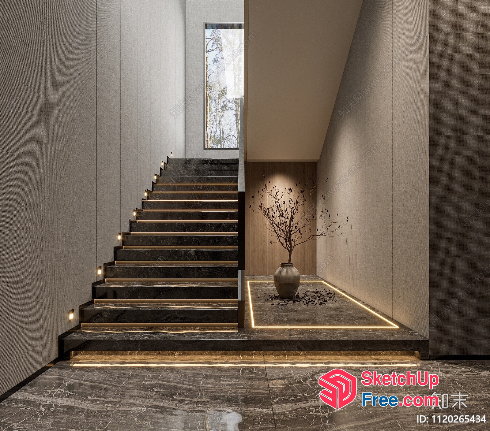 Elegant Staircase With Marble And Wooden Accents 3D SketchUp File