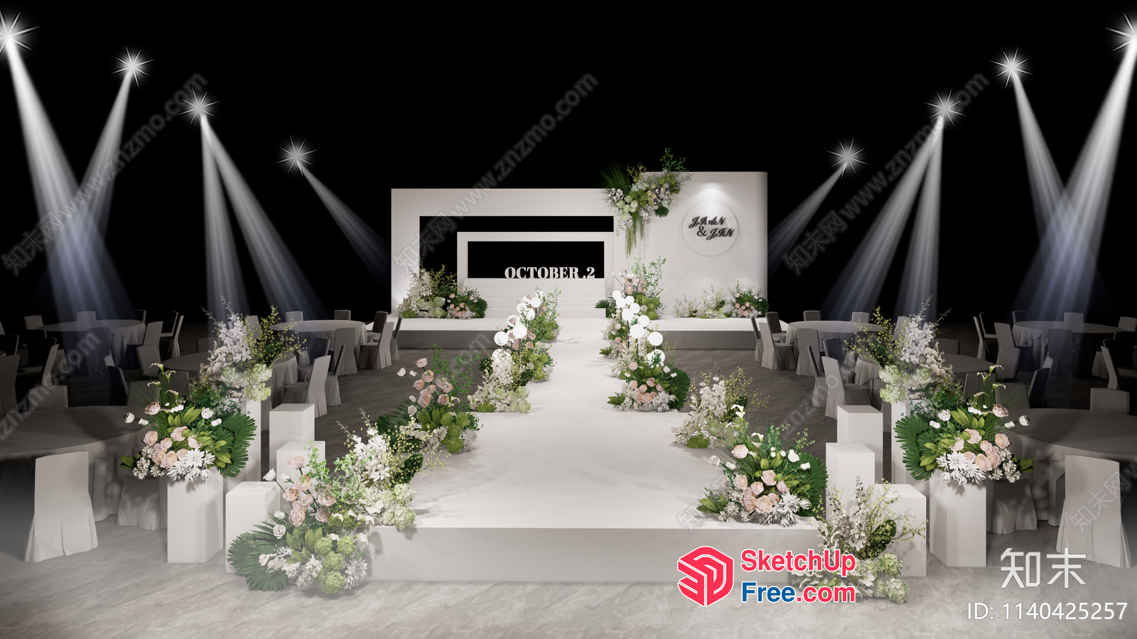 Elegant White Wedding Stage With Floral Arrangements And Lighting 3D SketchUp File