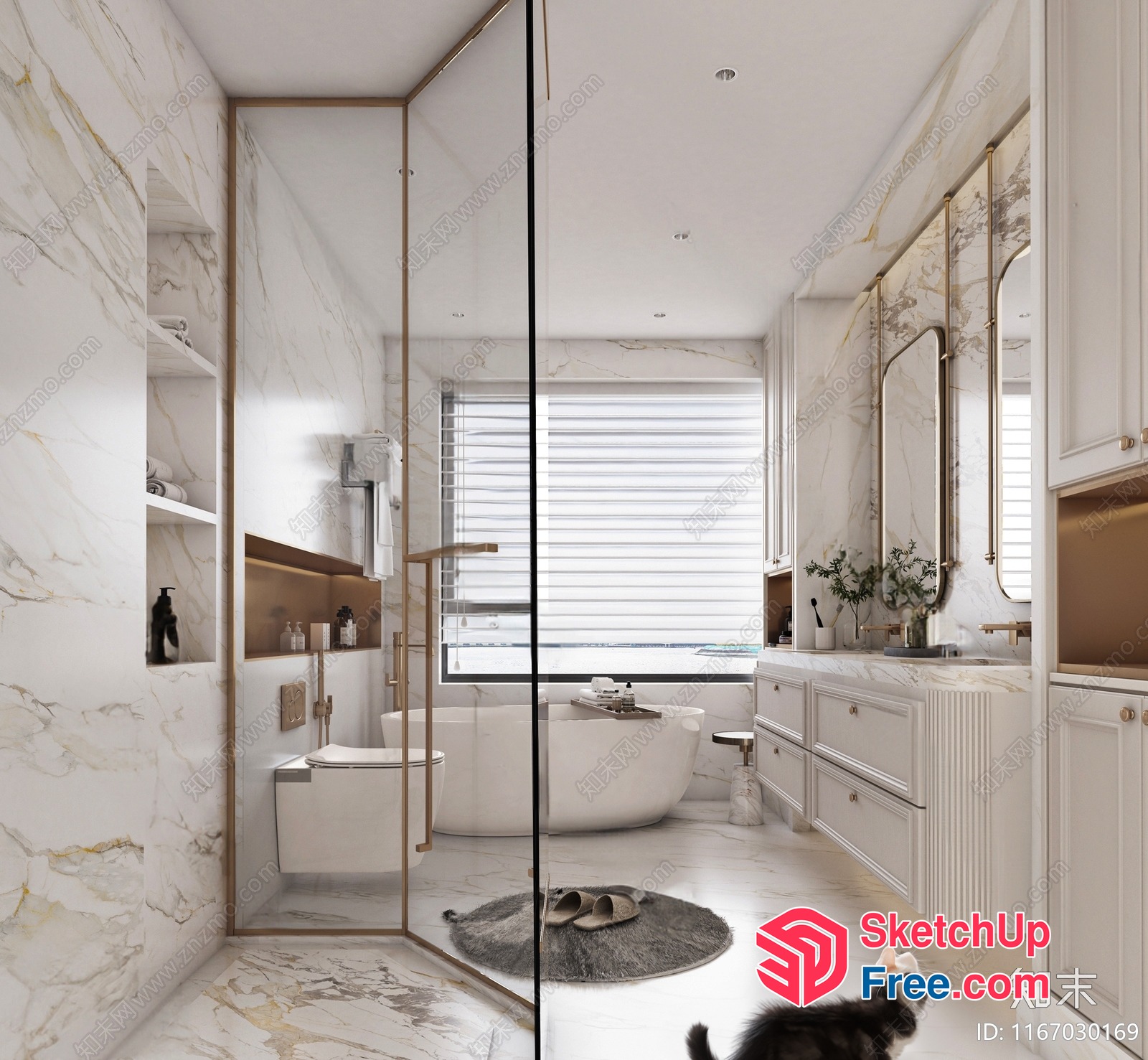 Modern Marble Bathroom With White And Gold Accents 3D SketchUp File