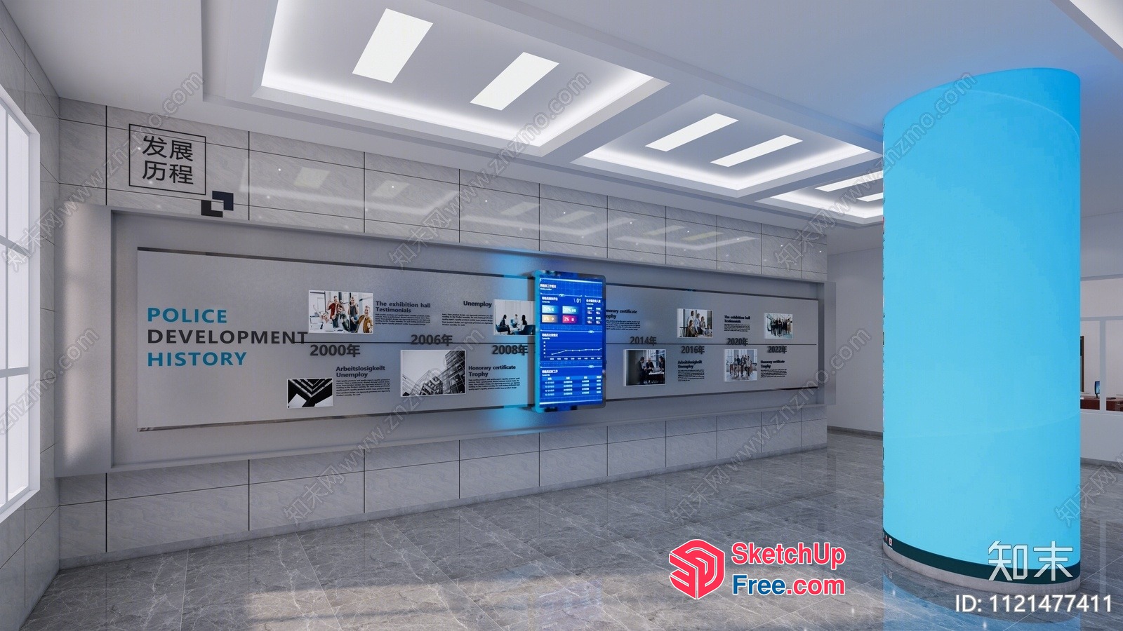 Interior Space With Pillar And Timeline Wall 3D SketchUp File