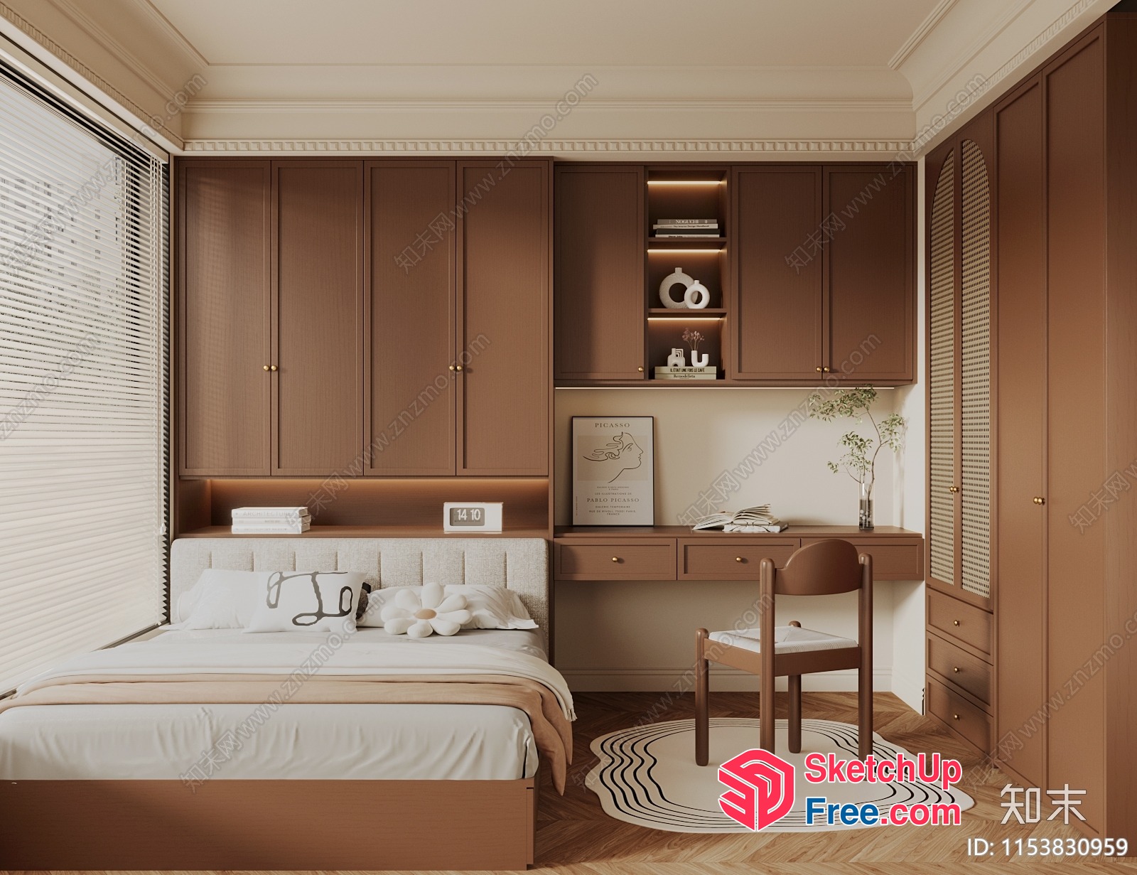 Modern European-Style Bedroom With Wooden Furniture And Natural Light 3D SketchUp File