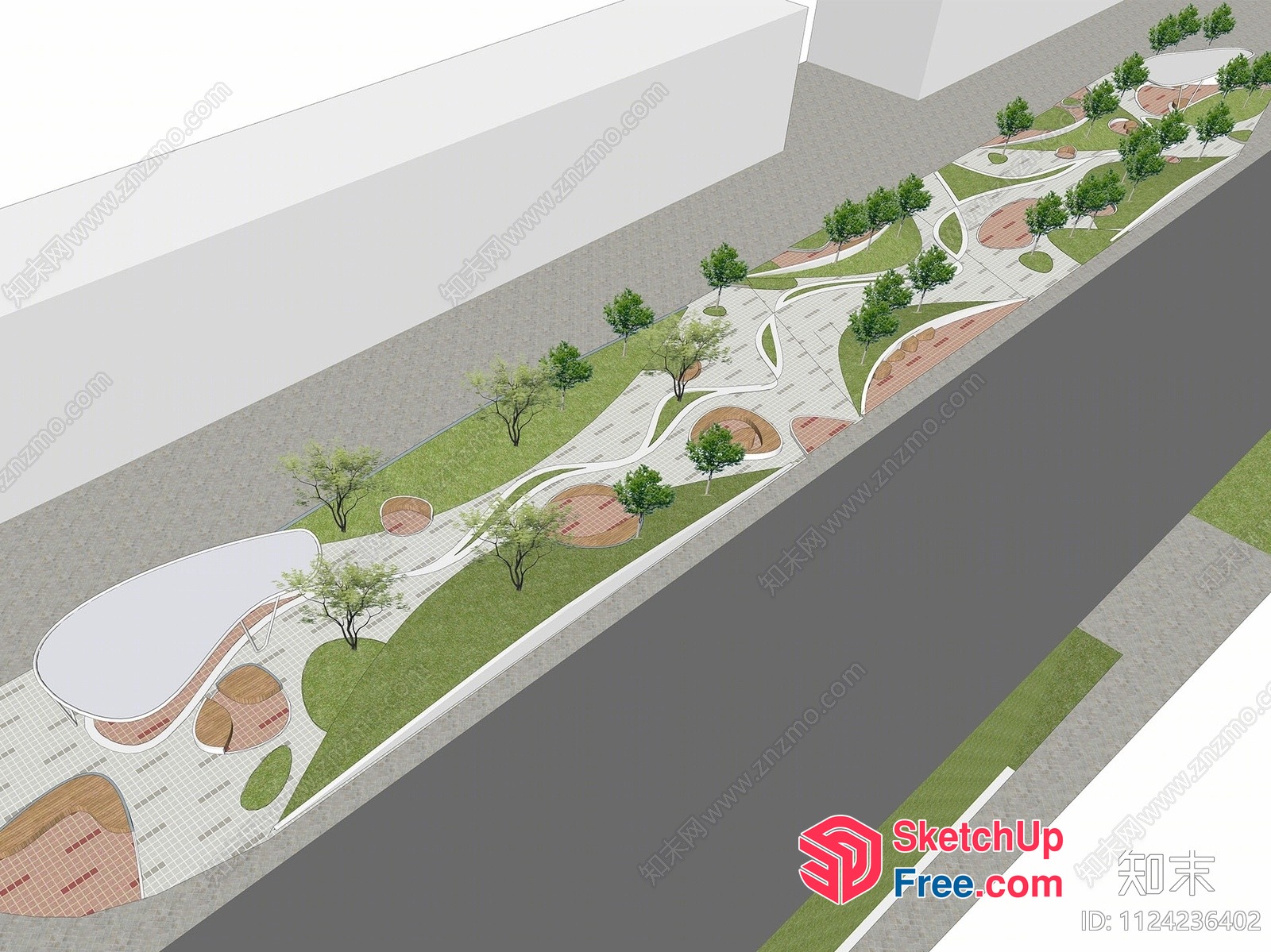 3D Rendered Street Park With Modern Landscape 3D SketchUp File