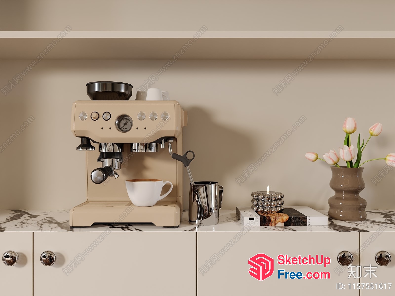 Coffee Machine And Utensils On Creamy White And Black Marble Counter 3D SketchUp File