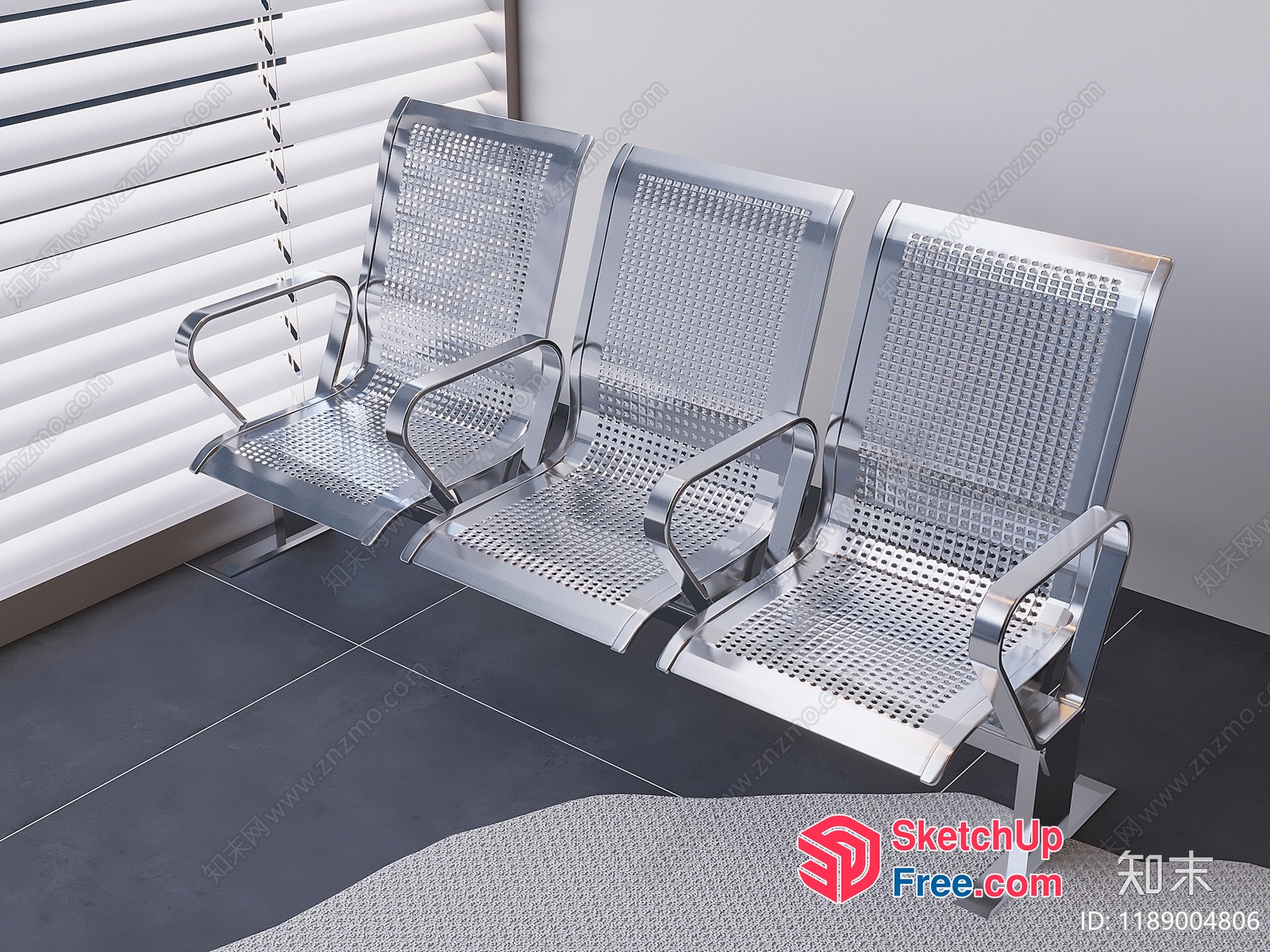 Modern Silver Metal Bench With Armrests And Perforated Seats 3D SketchUp File