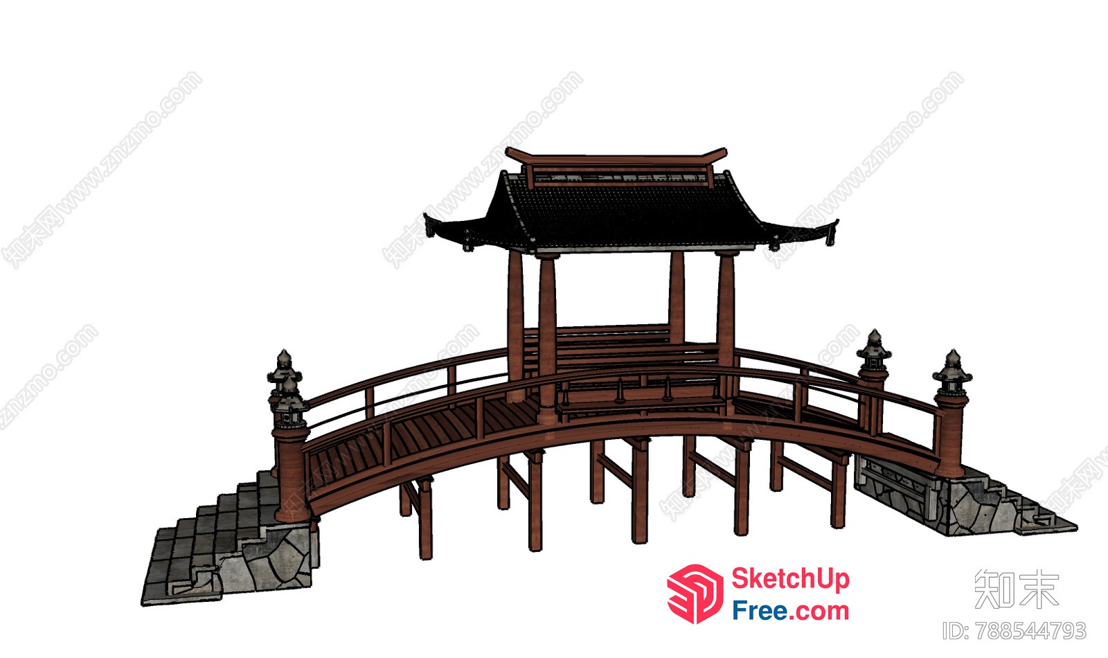 Traditional Asian-Style Bridge With Pagoda Roof 3D SketchUp File