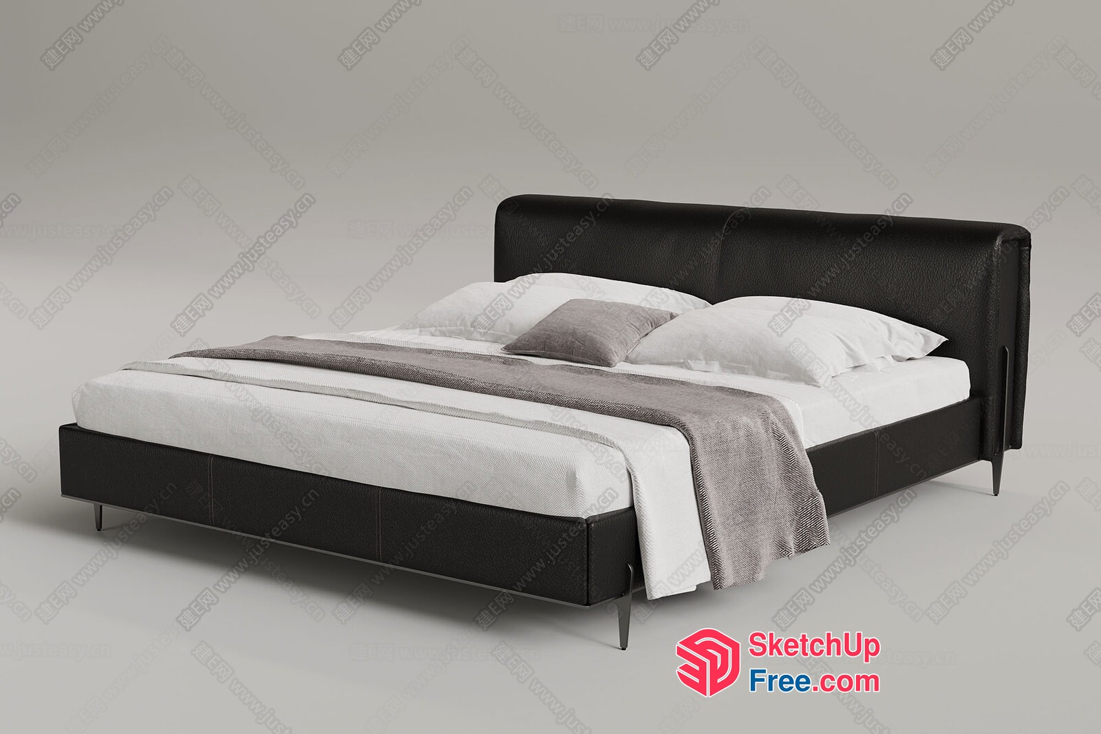 Modern Bed With Black Leather Headboard And Matching Bed Frame 3D SketchUp File