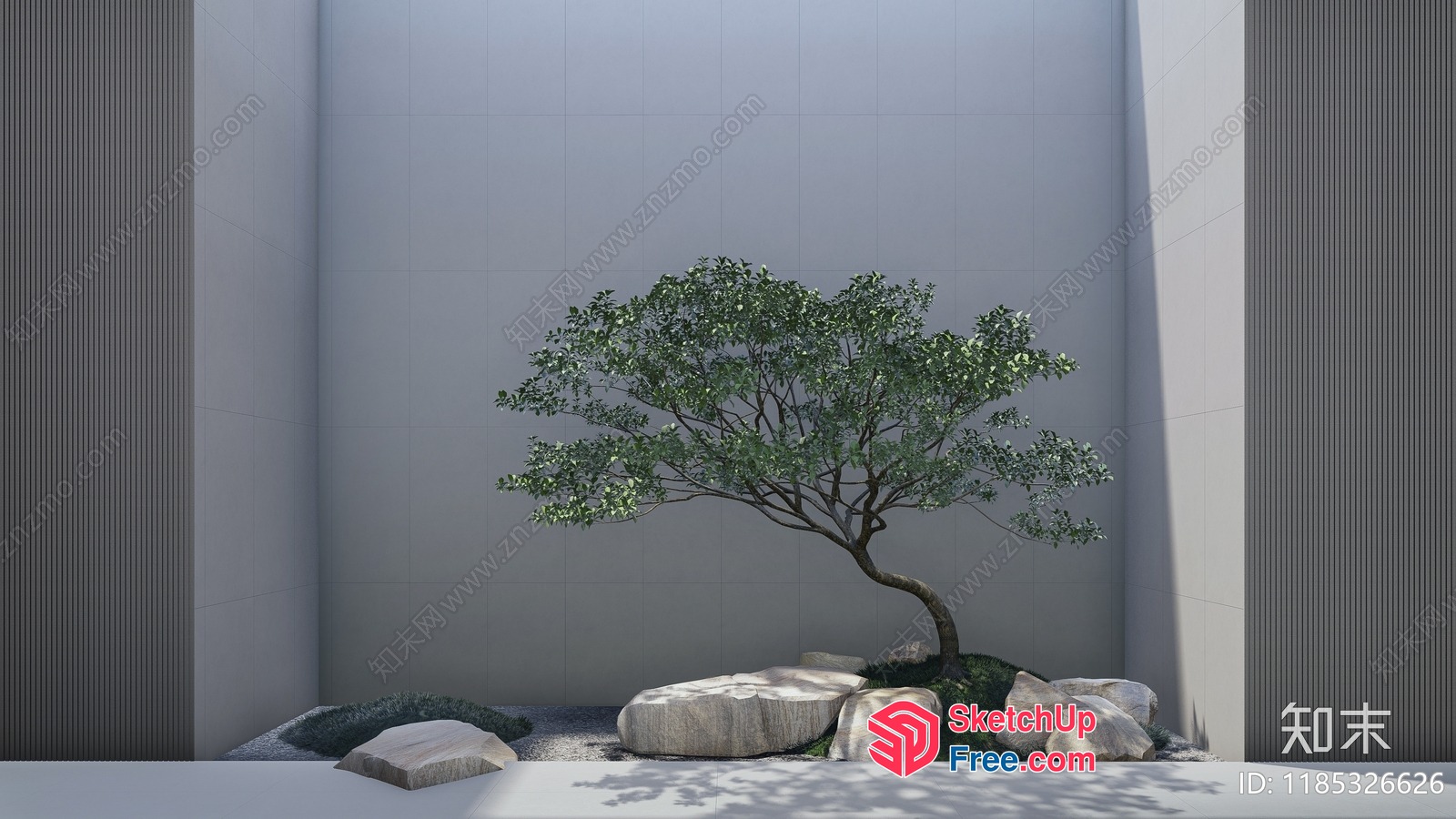 Japanese Style Minimalist Interior With Tree And Rocks 3D SketchUp File