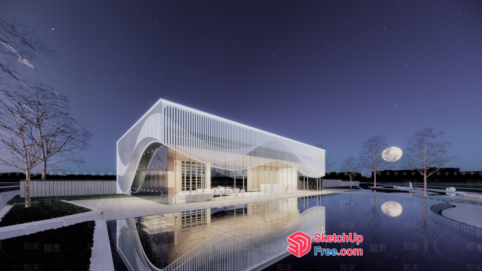 Futuristic Modern Building With Curved Lines And Reflections 3D SketchUp File