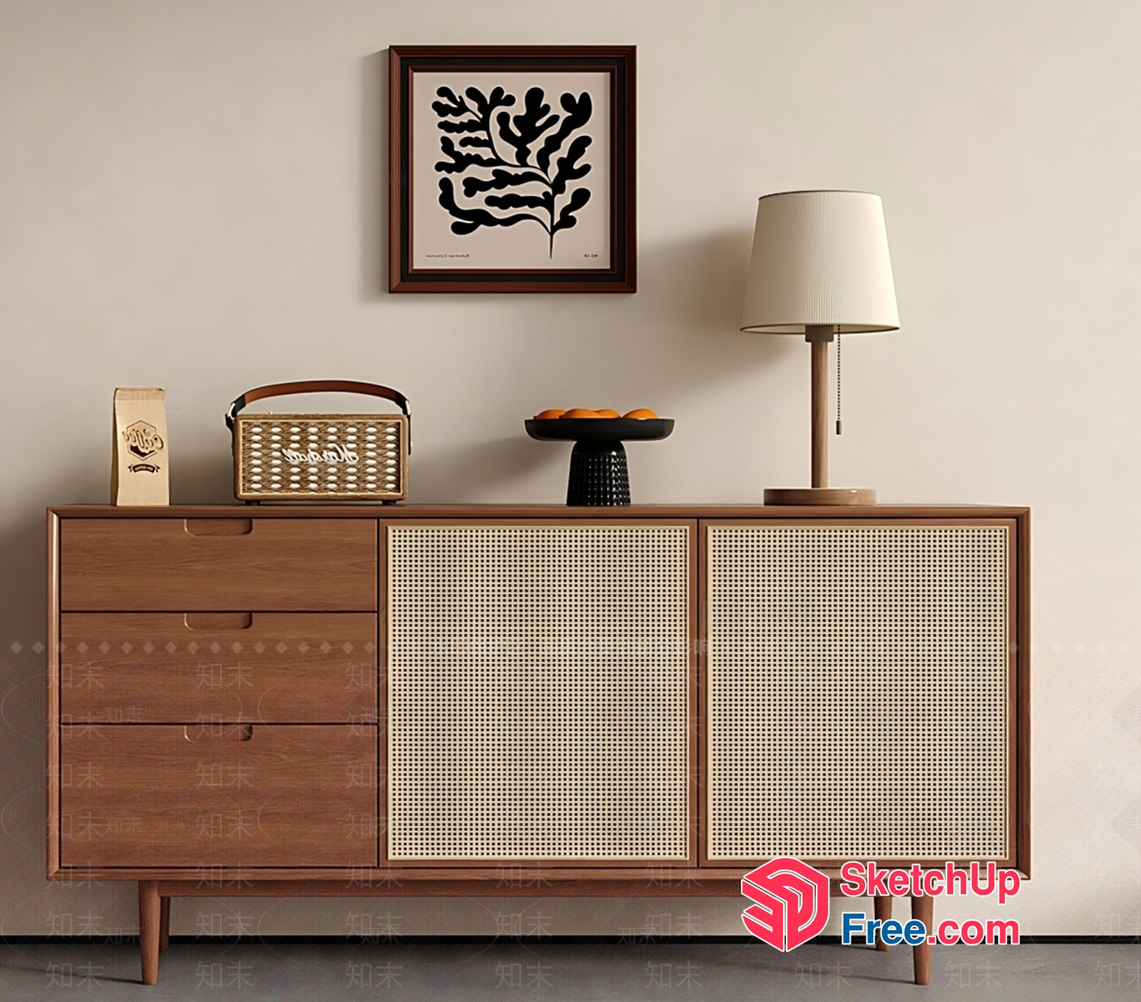 Mid-Century Modern Sideboard With Rattan Accents 3D SketchUp File