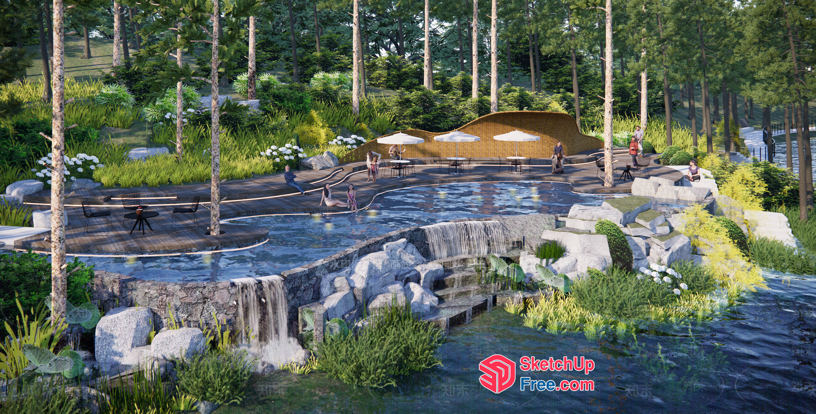 Serene Oasis With Waterfall And Lush Greenery 3D SketchUp File