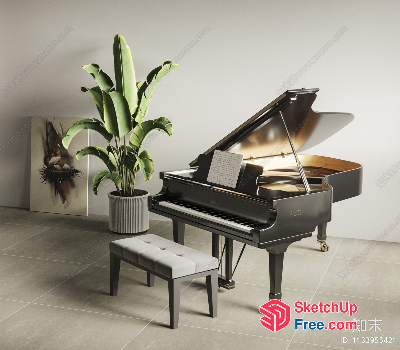 Elegant Piano And Plant Interior Setting 3D SketchUp File
