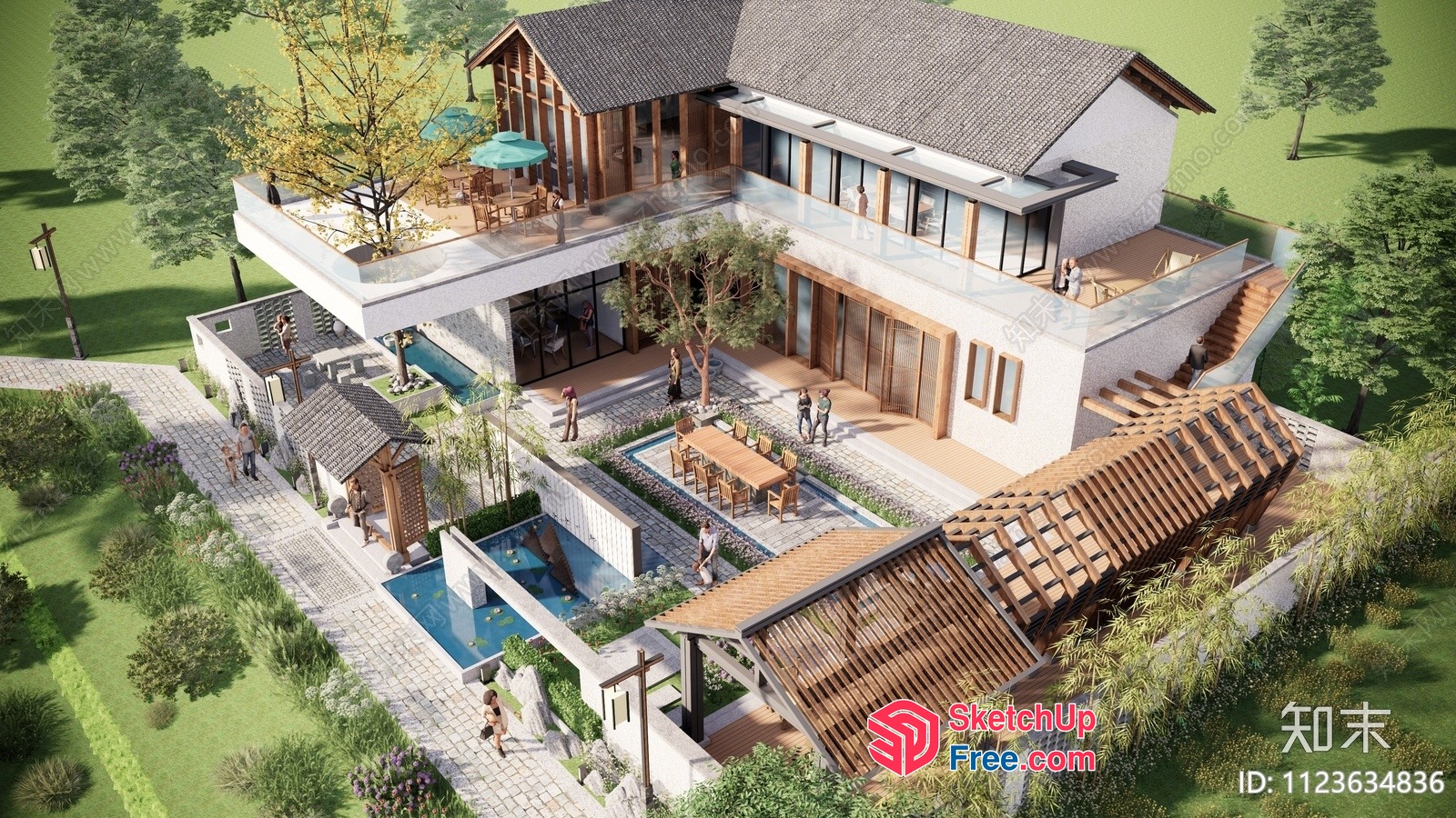 Modern Japanese-Inspired Villa With Outdoor Pool And Dining Areas 3D SketchUp File