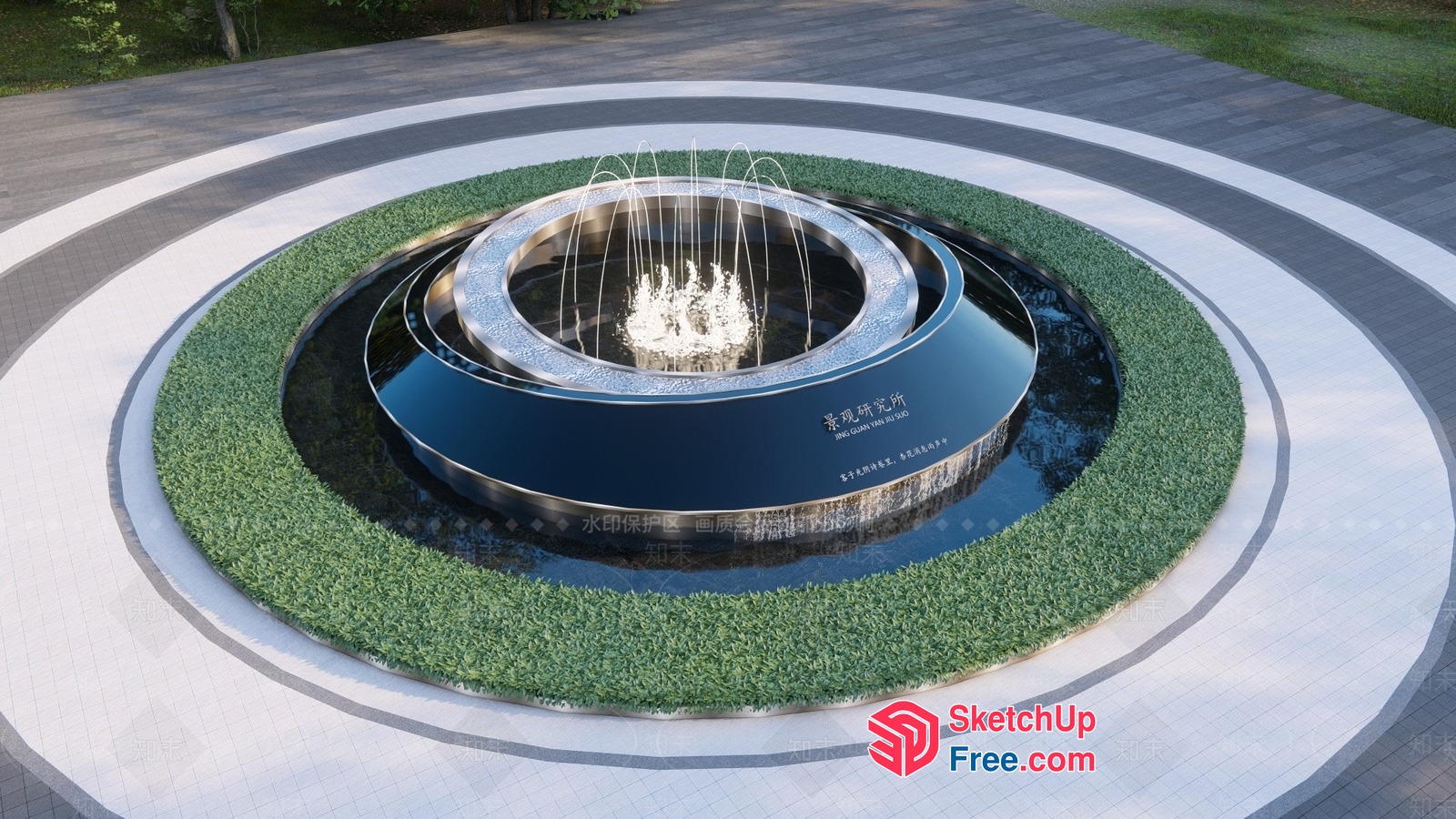 Circular Fountain With Water Feature And Greenery Surrounding 3D SketchUp File