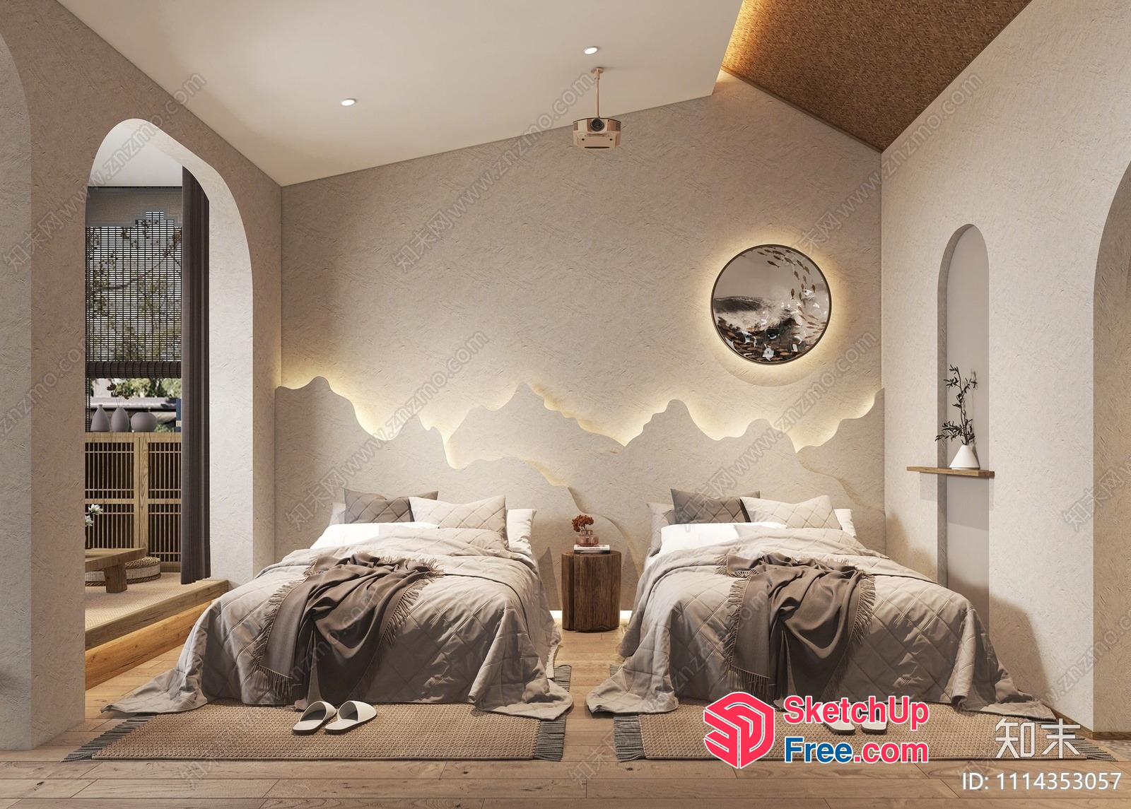Two Beds In A Neutral-Toned Room With Natural Light 3D SketchUp File