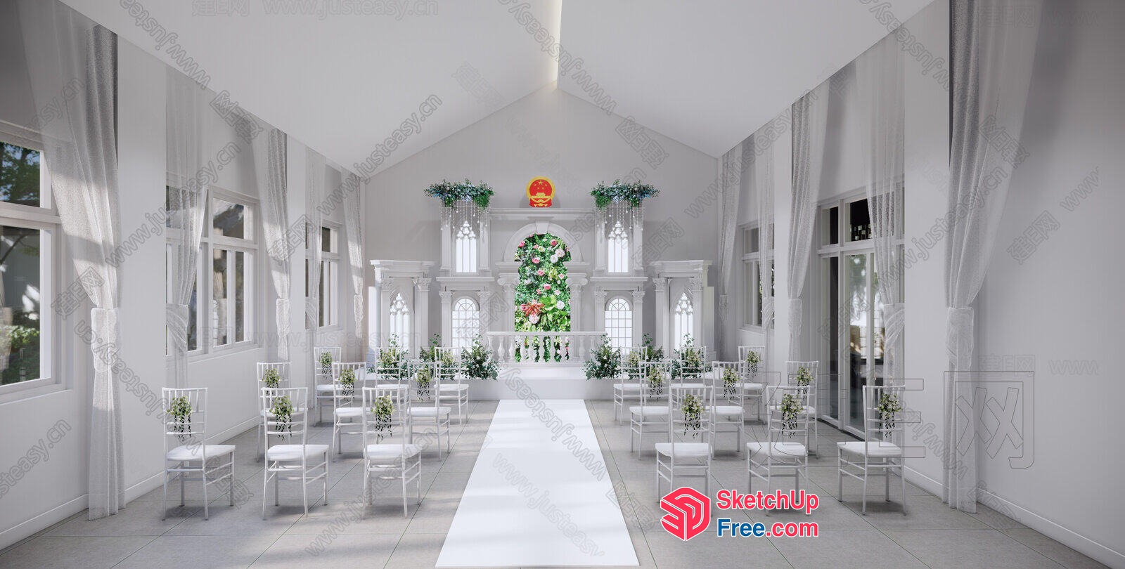 Elegant White Wedding Ceremony Hall With Classic Pillars And Stairway 3D SketchUp File