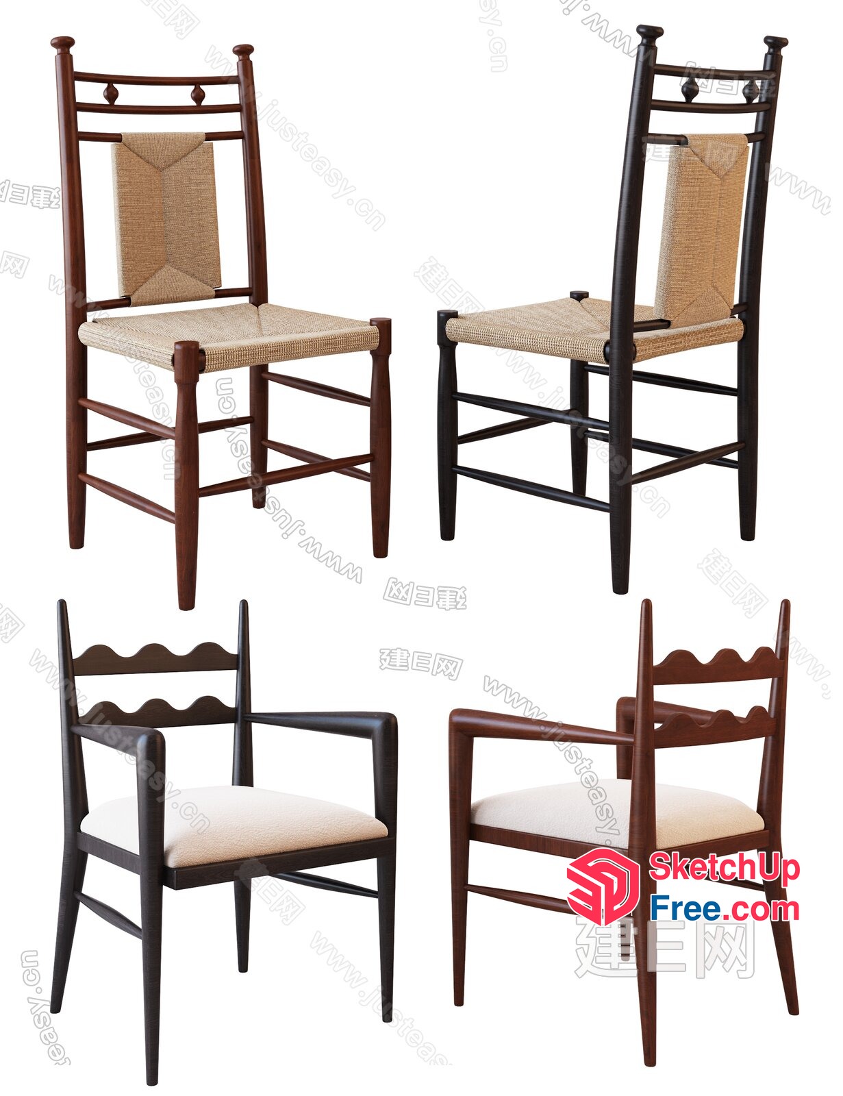 Classic Wooden Chairs With Natural Rattan Seats And Backs 3D SketchUp File