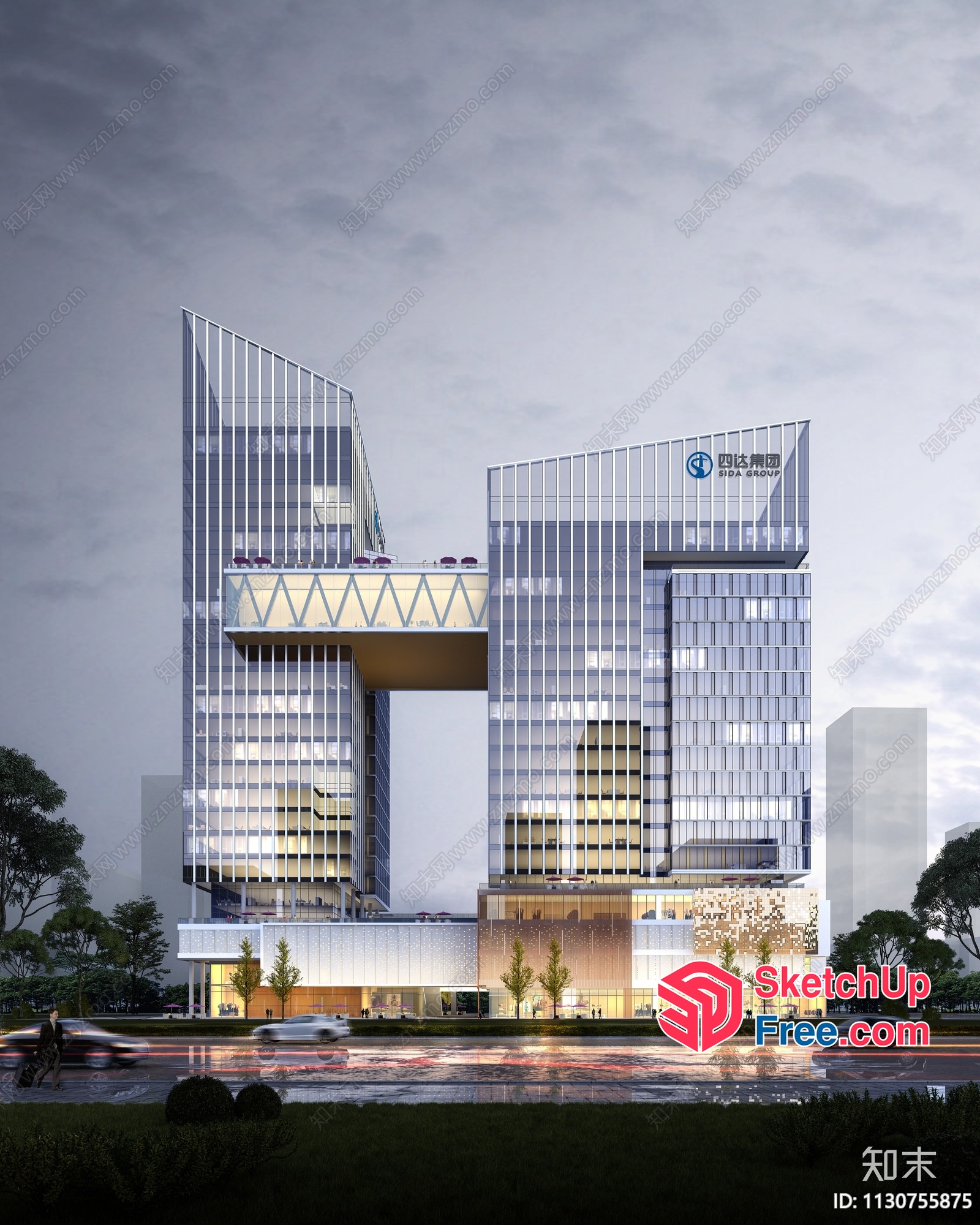 Modern Glass Curtain Wall Office Building 3D SketchUp File