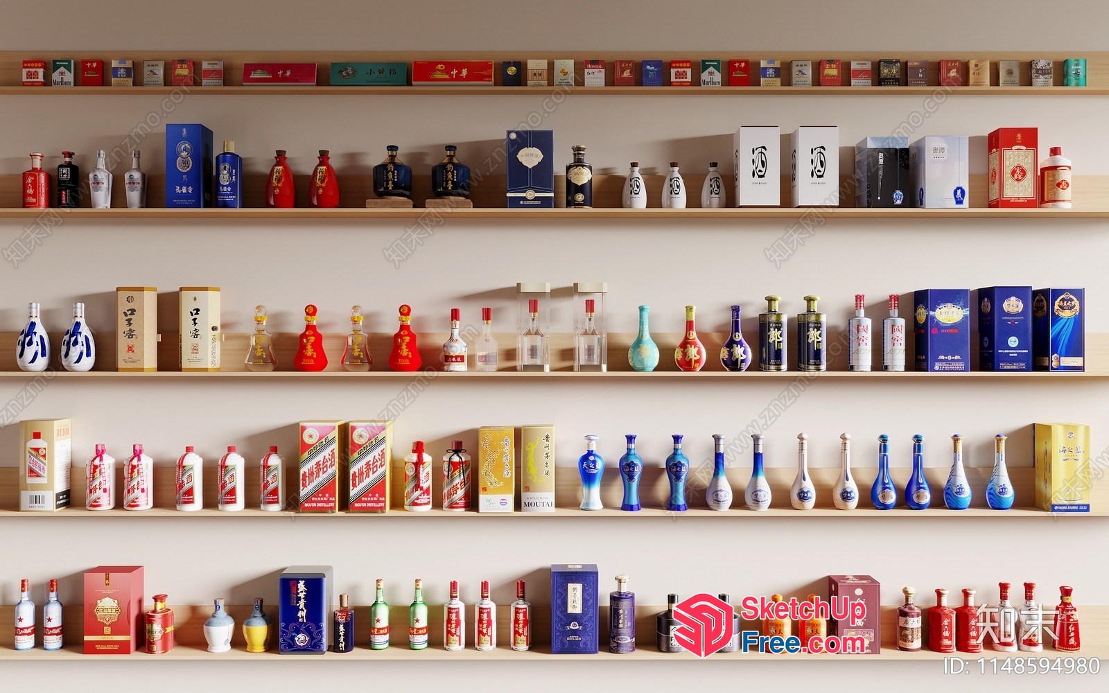 Colorful Decorative Bottles On Wooden Shelves 3D SketchUp File