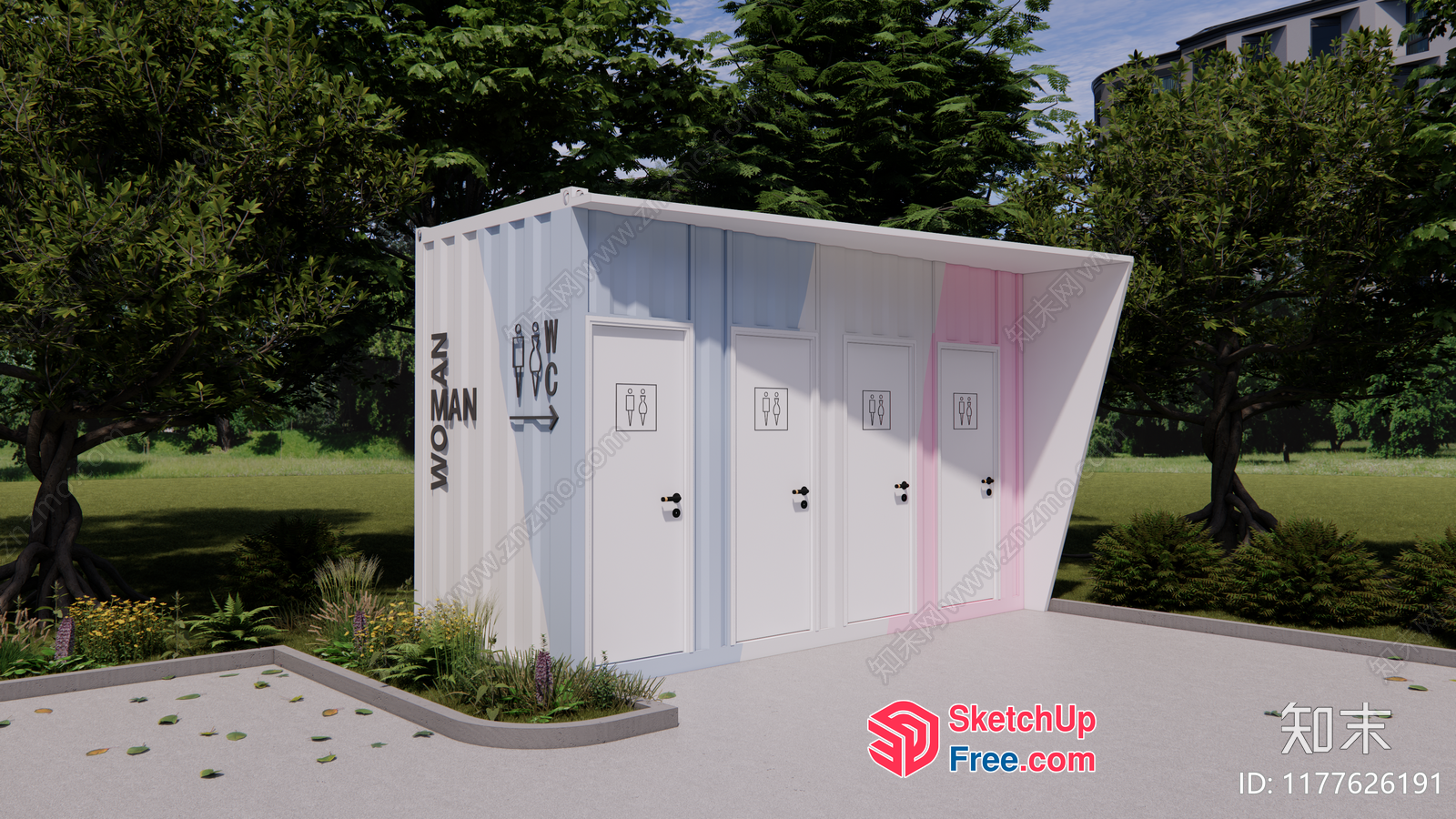 Public Restroom With Distinctive White And Pink Color Scheme 3D SketchUp File