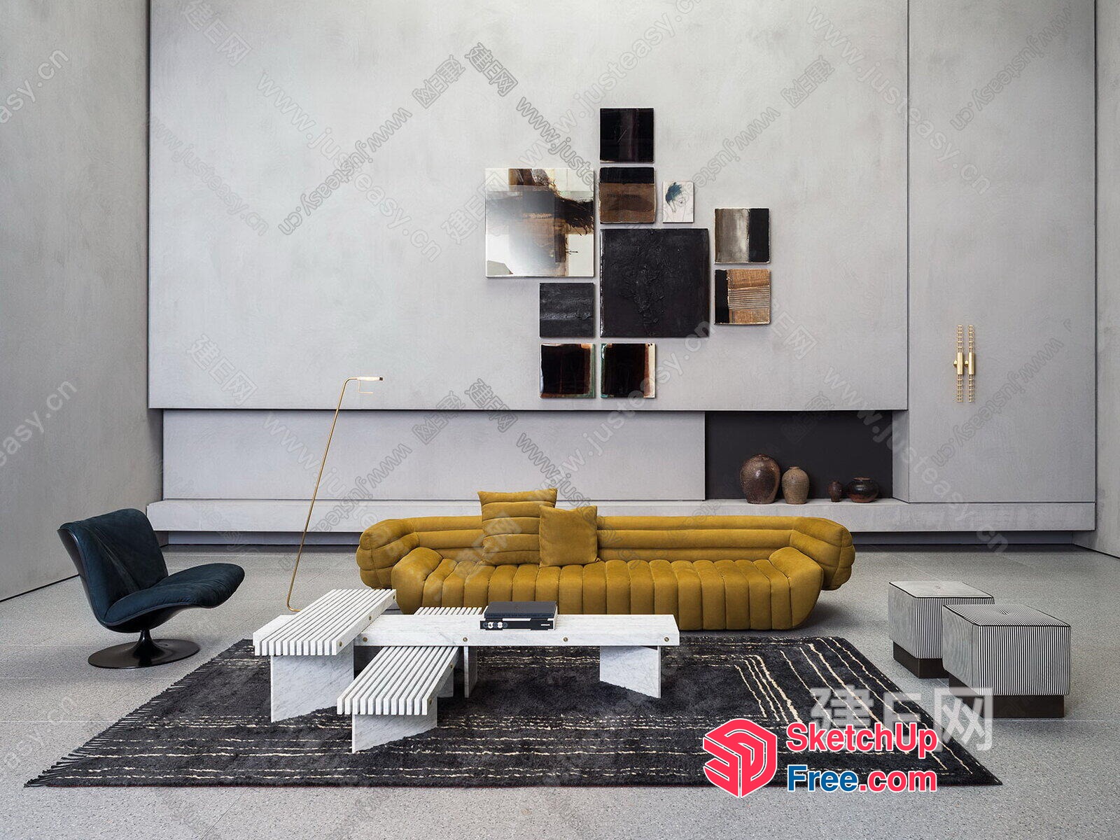 Modern Minimalist Living Room With Yellow Sofa And White Coffee Table 3D SketchUp File