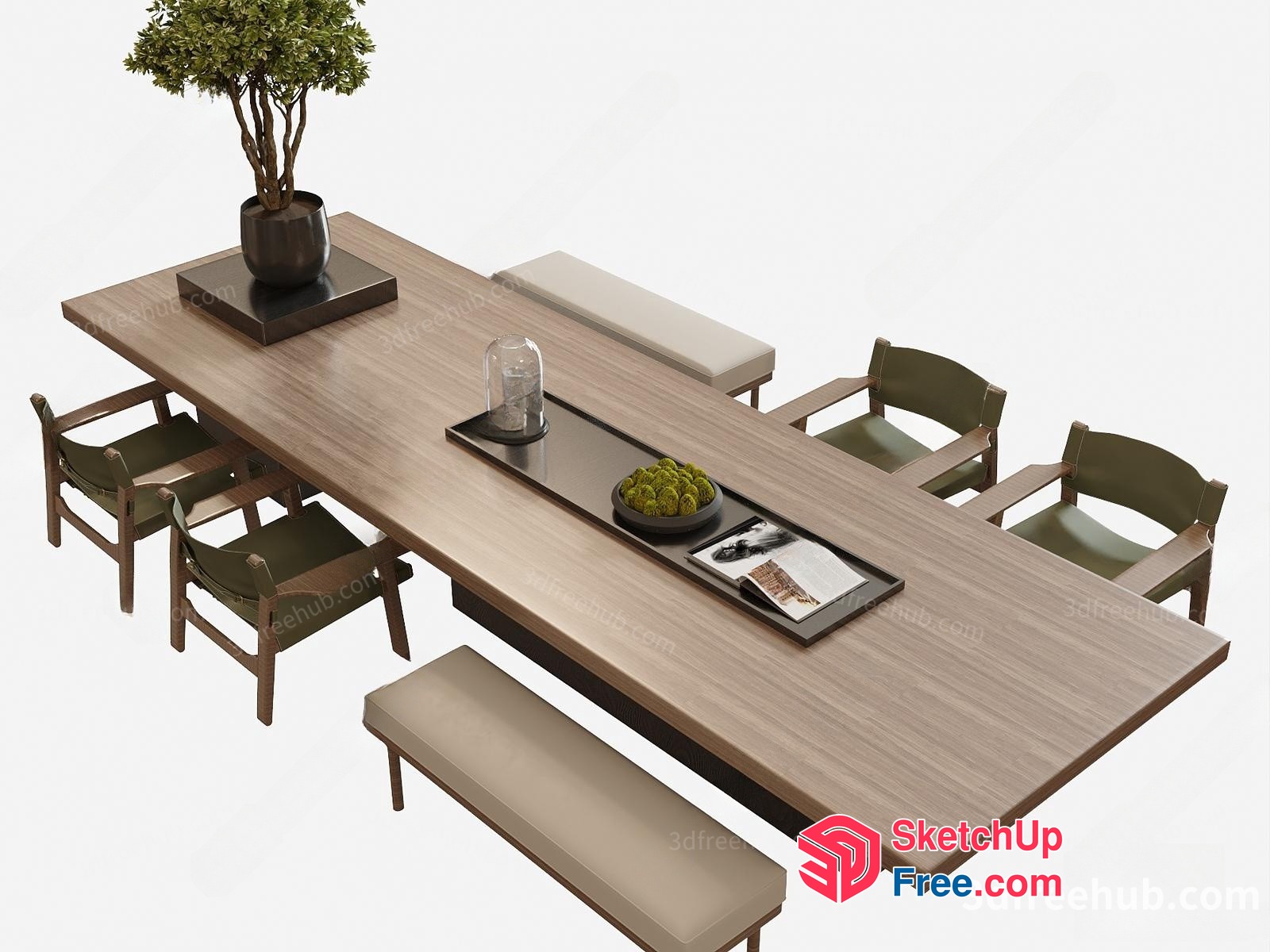 Modern Dining Room With Wooden Table And Green Chairs 3D SketchUp File
