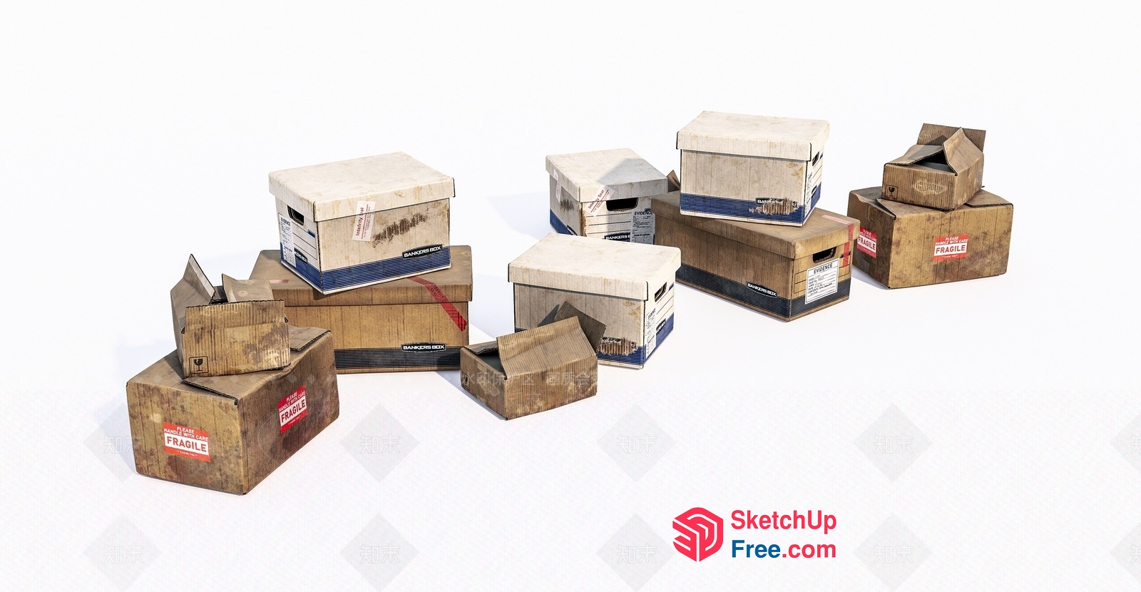 Weathered Cardboard Boxes With Fragile And Handle With Care Labels 3D SketchUp File