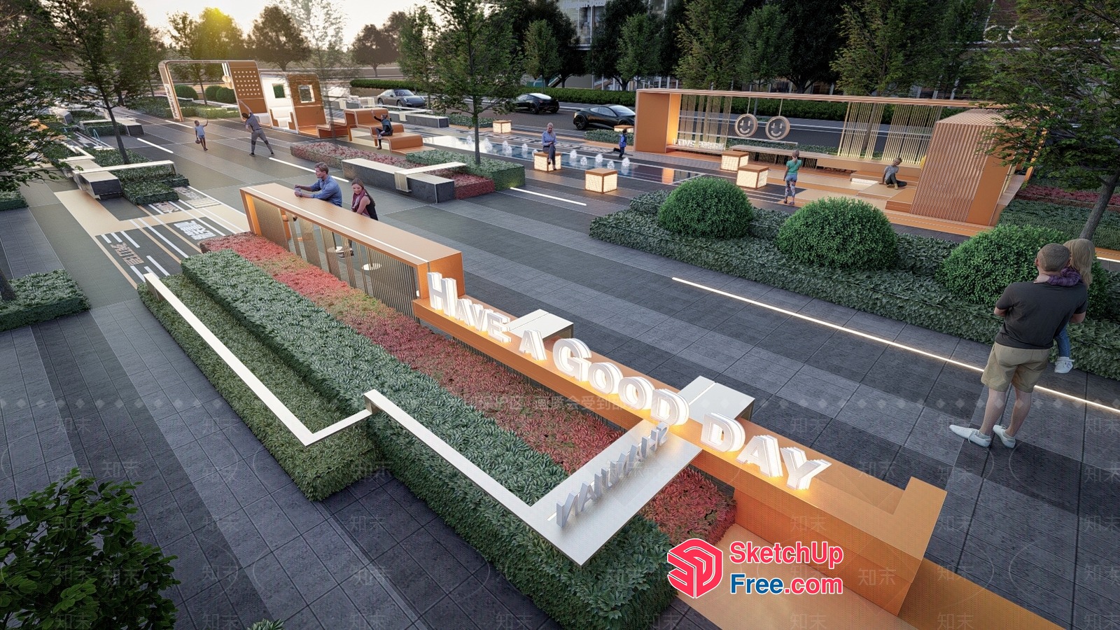 Modern Commercial Street With Vibrant Decor And Seating 3D SketchUp File