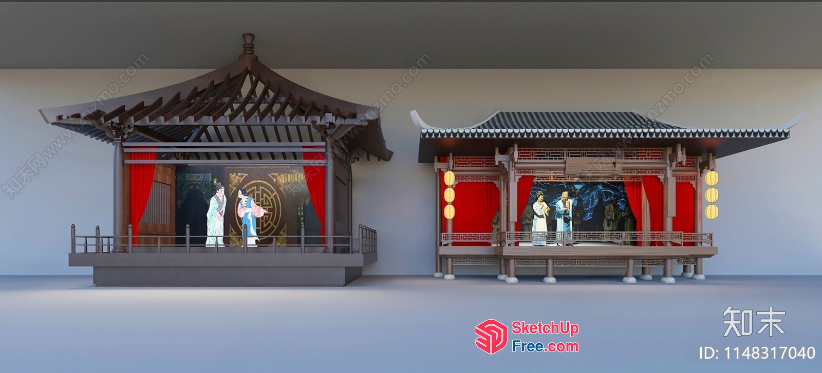 Traditional Chinese Stage With Red Curtains And Statues 3D SketchUp File