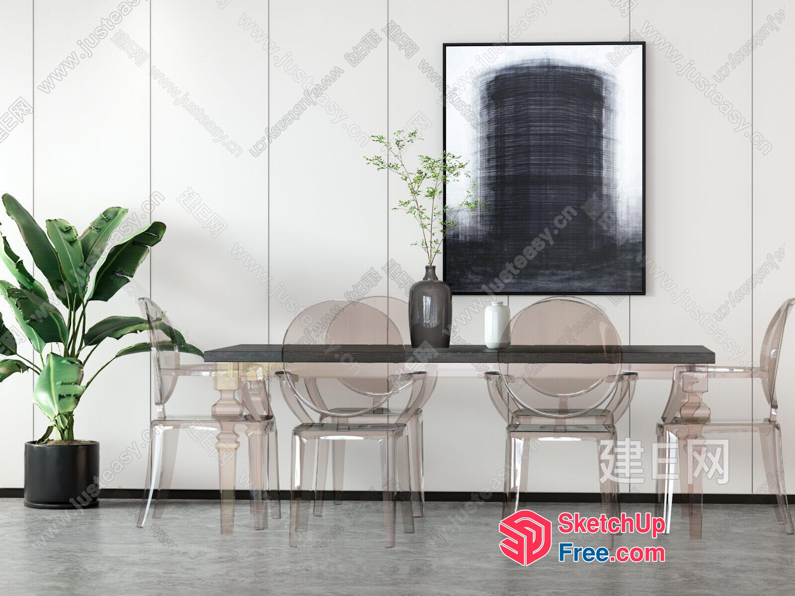 Modern Minimalist Dining Room With Clear Chairs And Table 3D SketchUp File