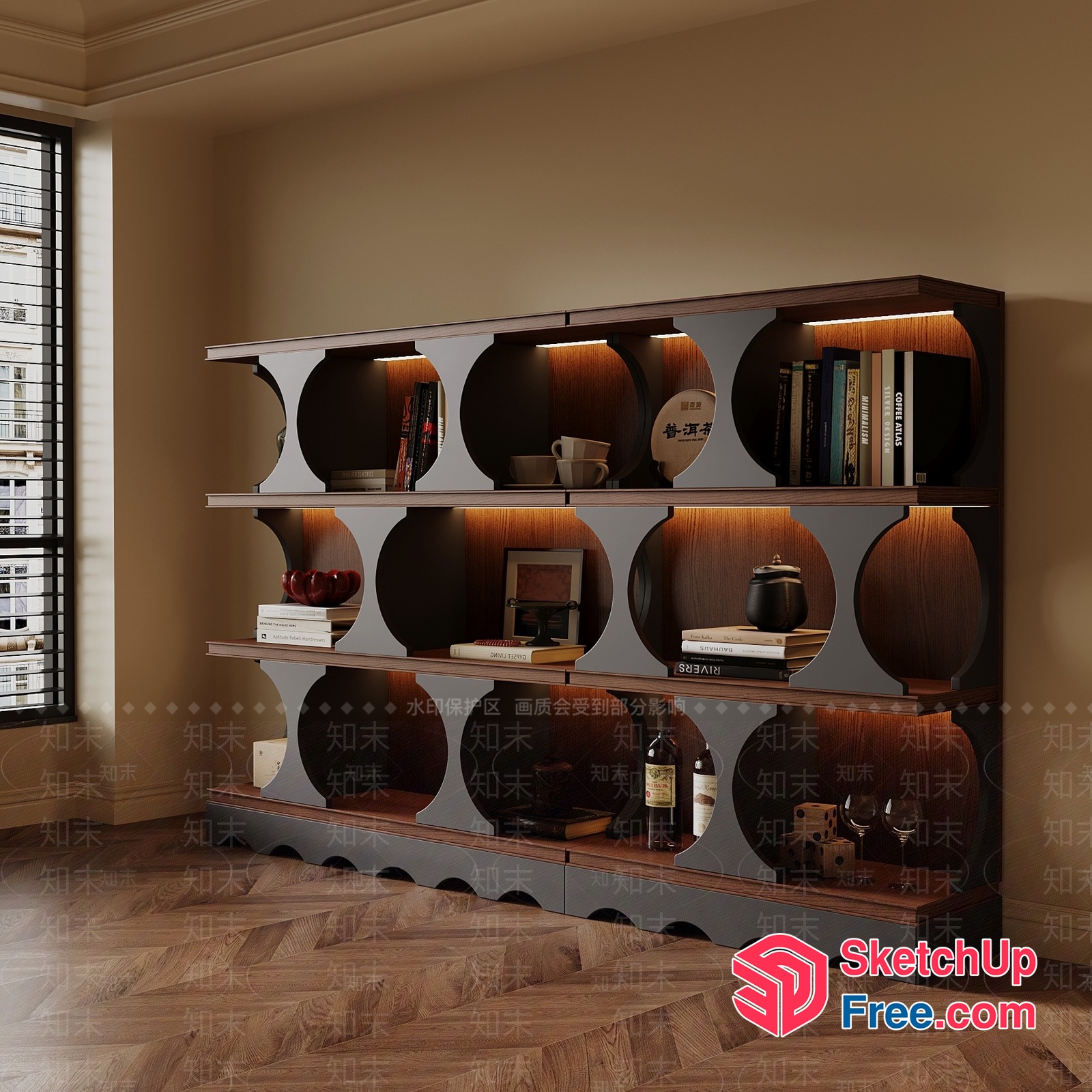 Elegant Bookcase With Circle Shelves And Ambient Lighting 3D SketchUp File