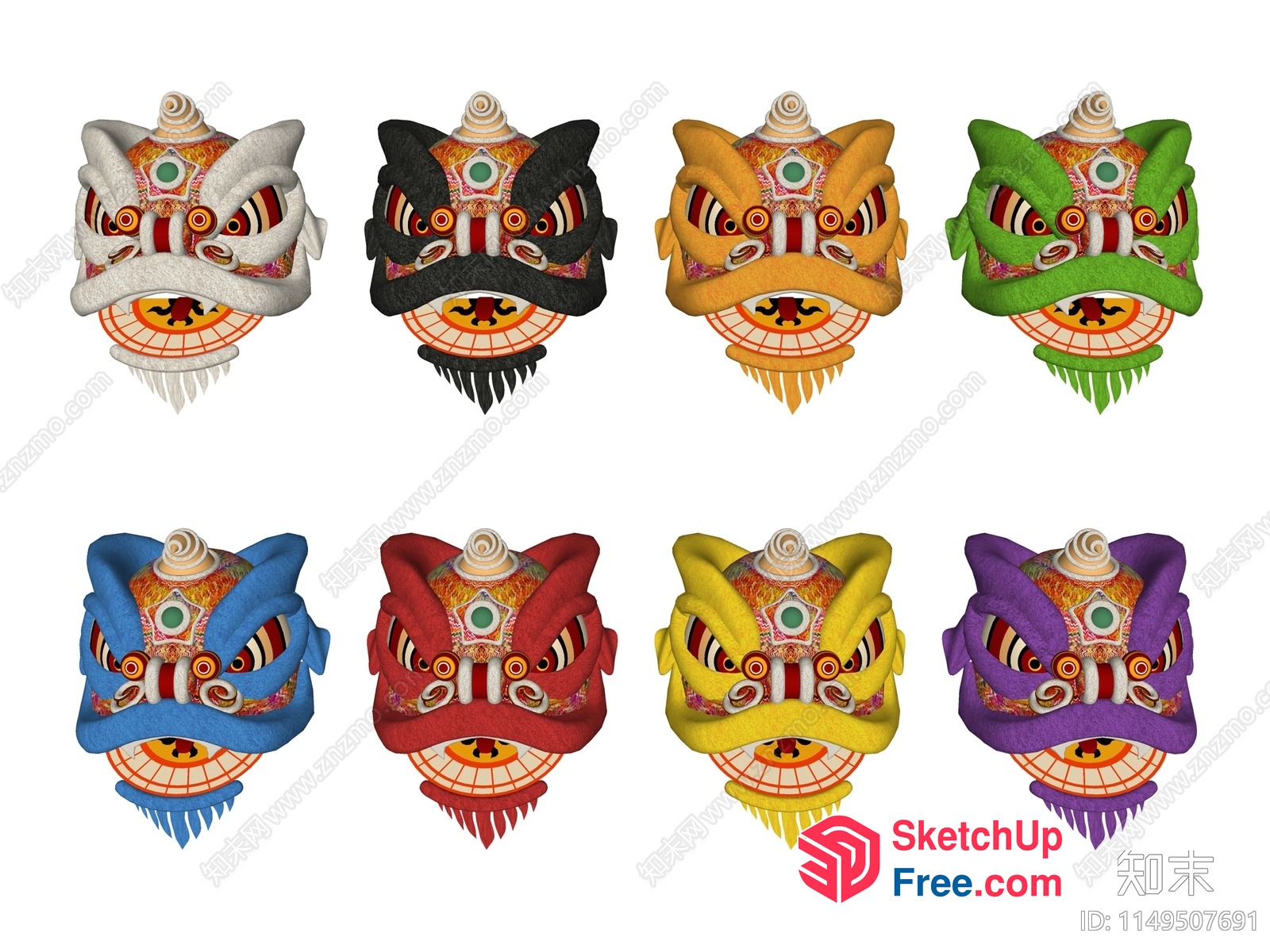 Colorful Chinese Lion Head Masks 3D SketchUp File