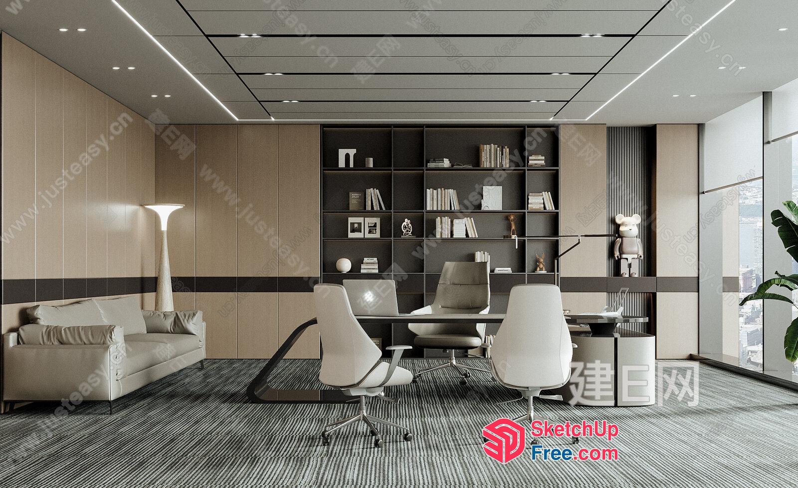 Modern Office Space With Sleek Furniture And Bookshelf 3D SketchUp File