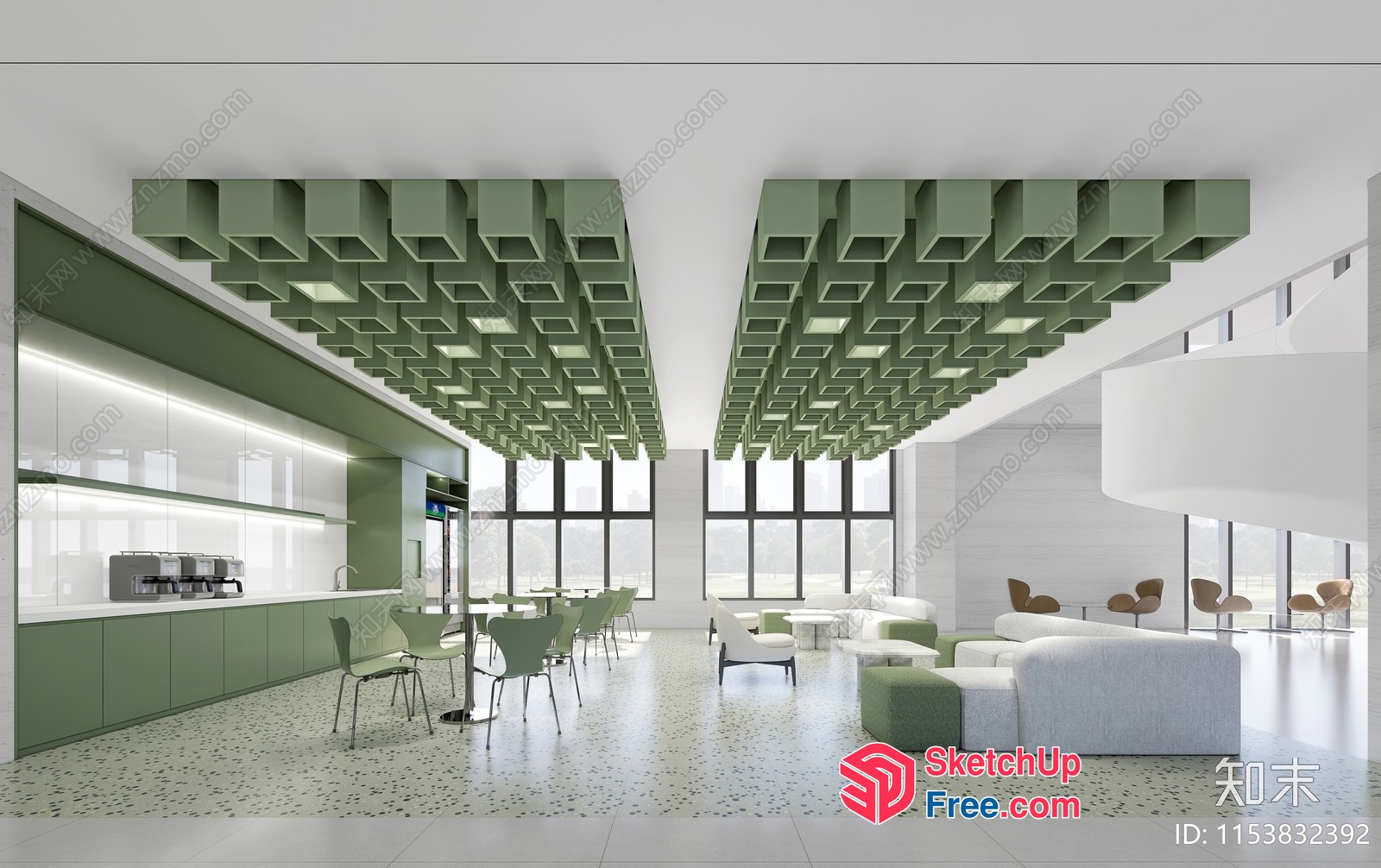 Modern Green And White Office Space With Unique Ceiling Design 3D SketchUp File